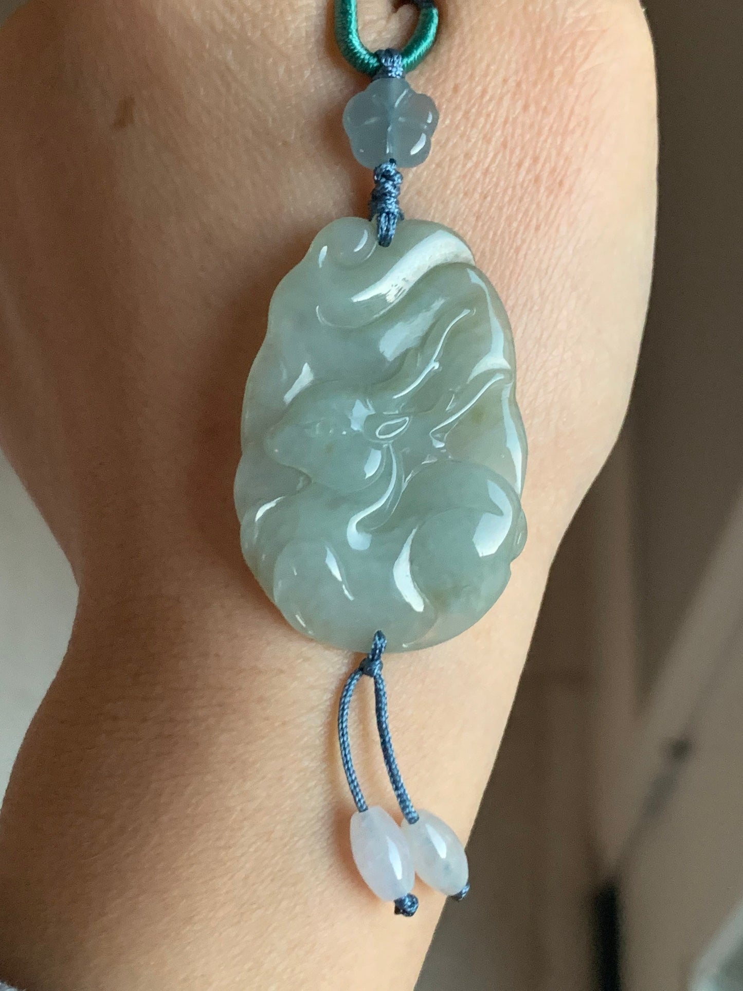 Natural Burmese Translucent Gelatinous Light Green Jadeite Carved Deer Pendant & Blue Jadeite Cherry Blossom Necklace 天然缅甸冰淡绿翡翠鹿牌危蓝梅花吊坠