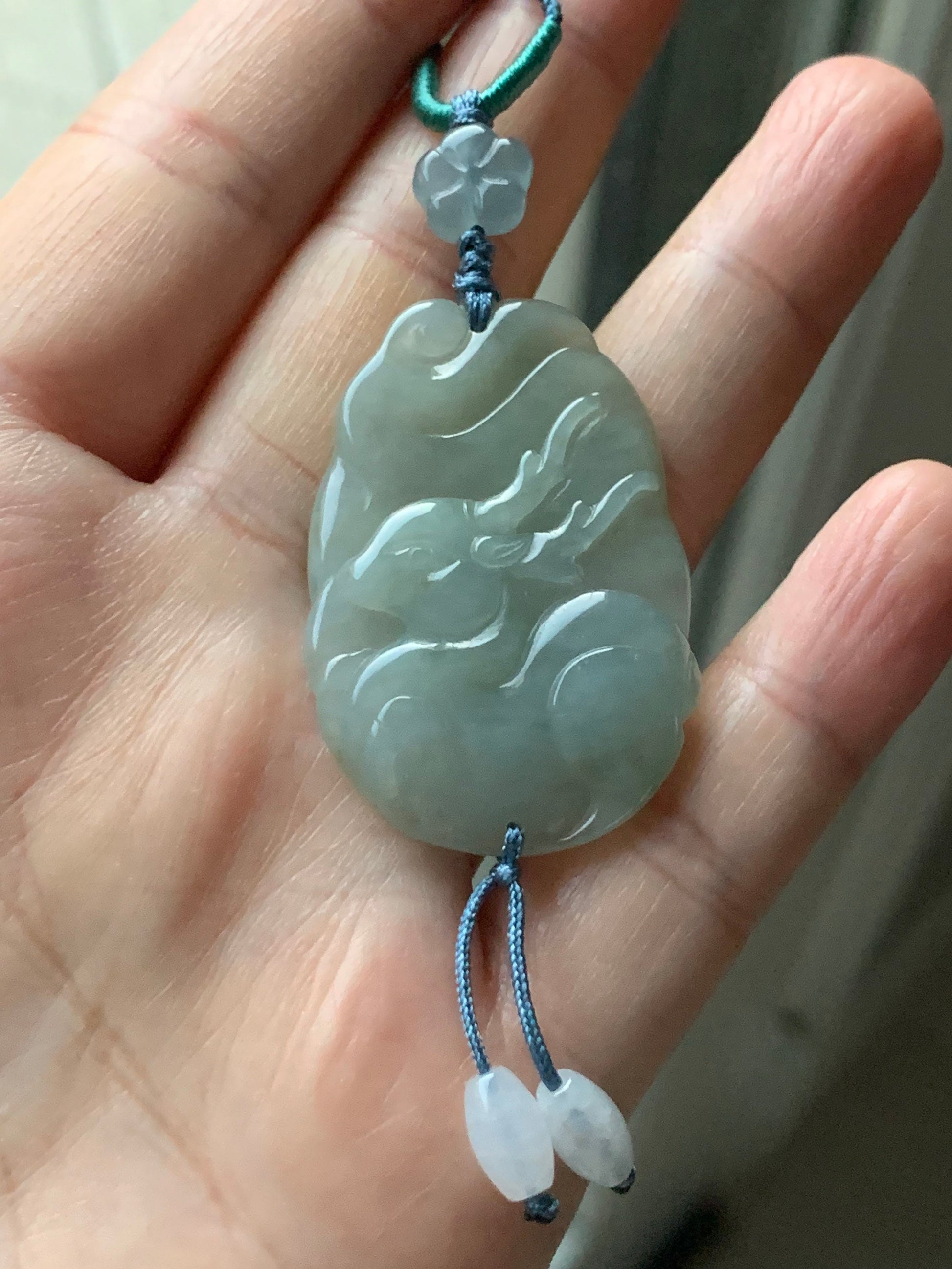 Natural Burmese Translucent Gelatinous Light Green Jadeite Carved Deer Pendant & Blue Jadeite Cherry Blossom Necklace 天然缅甸冰淡绿翡翠鹿牌危蓝梅花吊坠