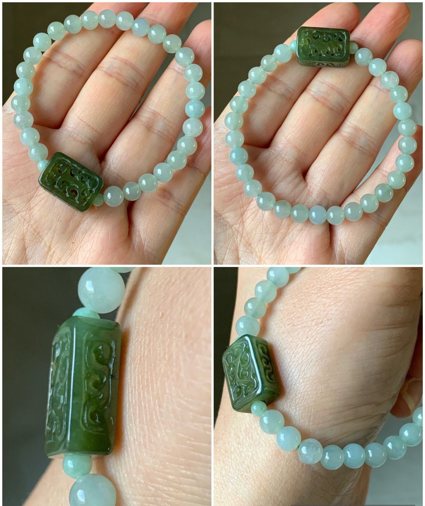 Natural Burmese Icy Translucent Gelatinous Light Green Jadeite Olive Green Rectangle Jadeite Engraved Bead Beaded Bracelet 7” 天然缅甸冰晴绿翡翠手牌手串