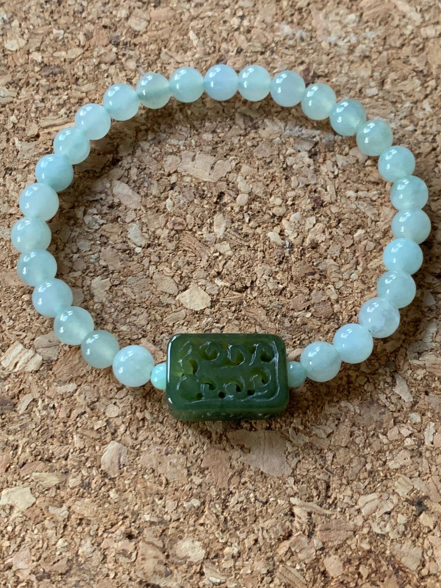 Natural Burmese Icy Translucent Gelatinous Light Green Jadeite Olive Green Rectangle Jadeite Engraved Bead Beaded Bracelet 7” 天然缅甸冰晴绿翡翠手牌手串