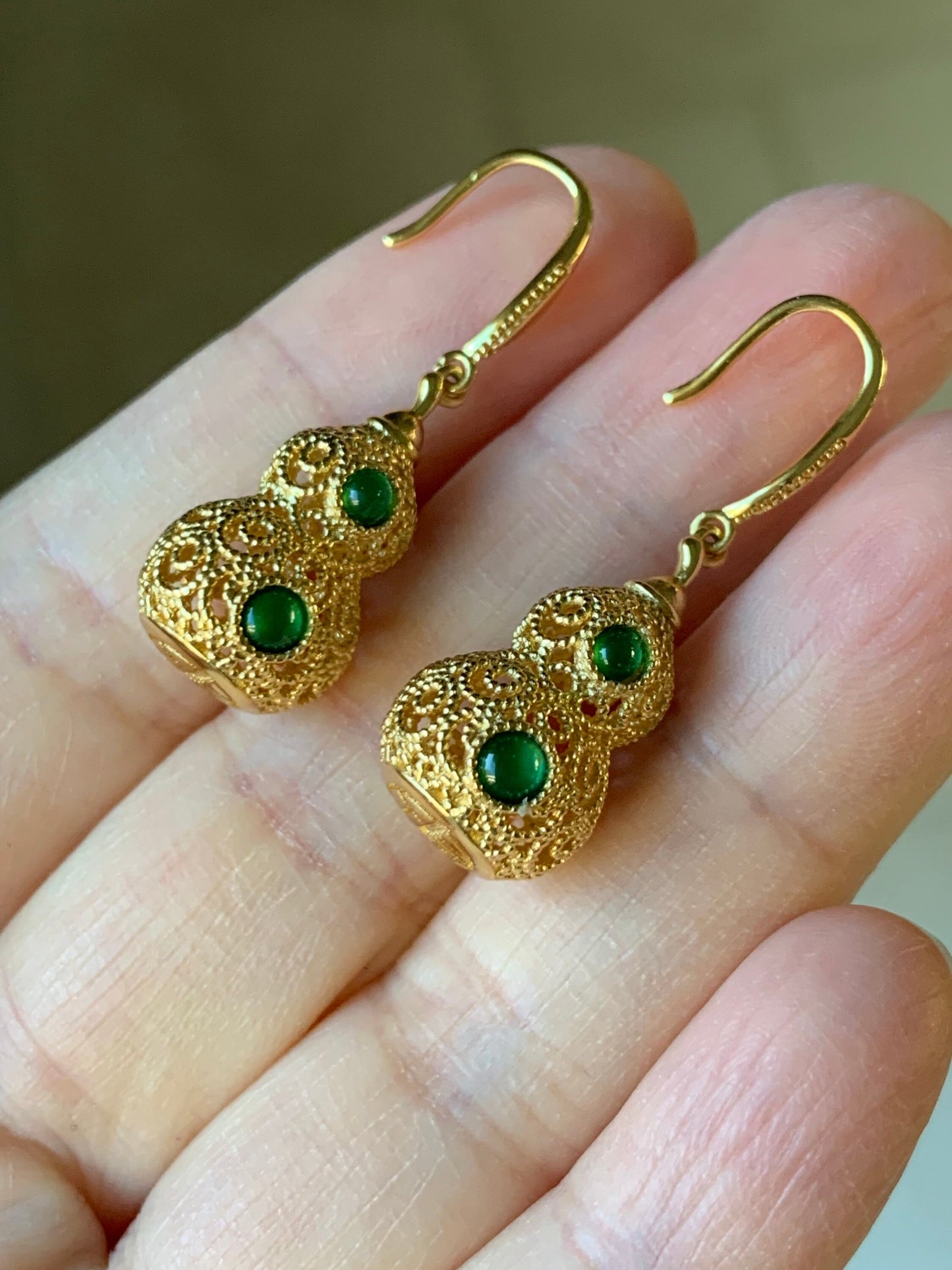 Natural Guatemalan Premium Green Jadeite 3D Hulu Gourd Dangle Earrings S925 Silver Yellow Gold Finish 天然高冰危绿翡翠银镶立体葫芦吊坠