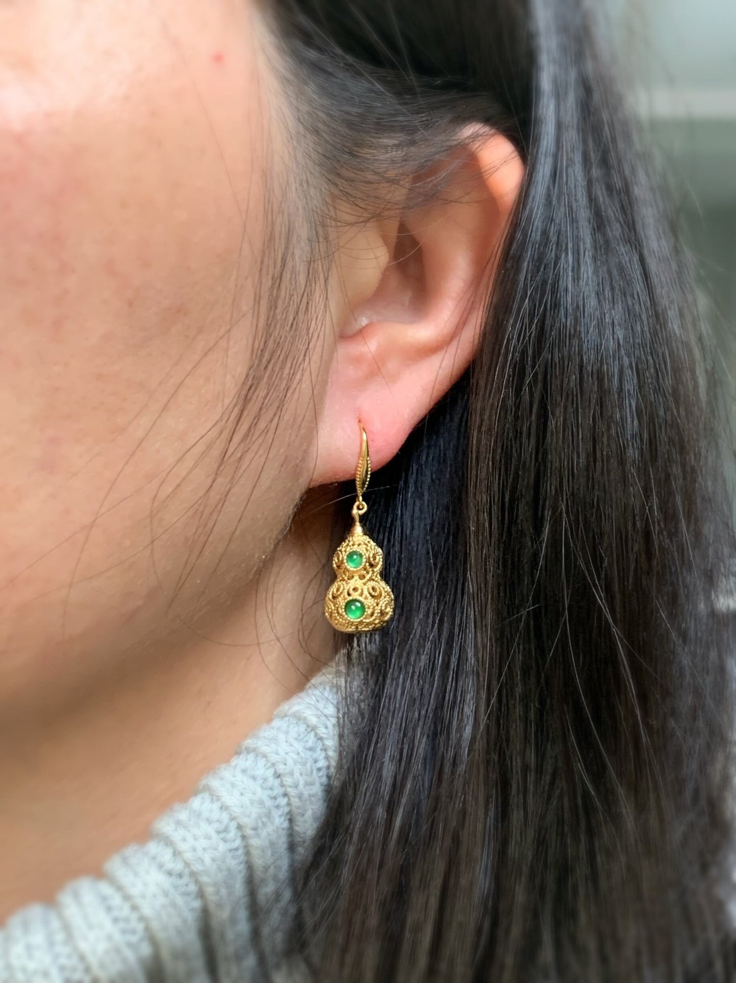 Natural Guatemalan Premium Green Jadeite 3D Hulu Gourd Dangle Earrings S925 Silver Yellow Gold Finish 天然高冰危绿翡翠银镶立体葫芦吊坠