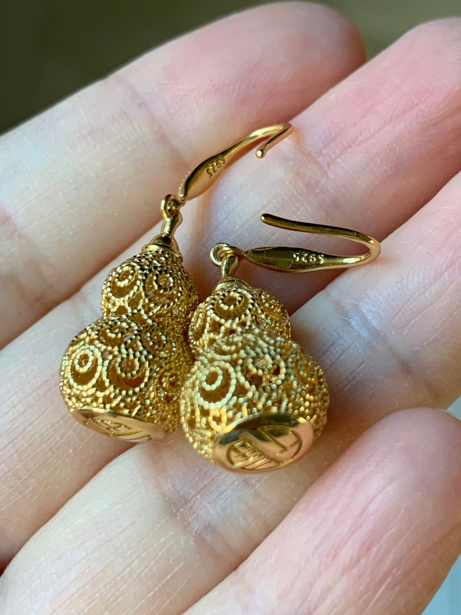 Natural Guatemalan Premium Green Jadeite 3D Hulu Gourd Dangle Earrings S925 Silver Yellow Gold Finish 天然高冰危绿翡翠银镶立体葫芦吊坠