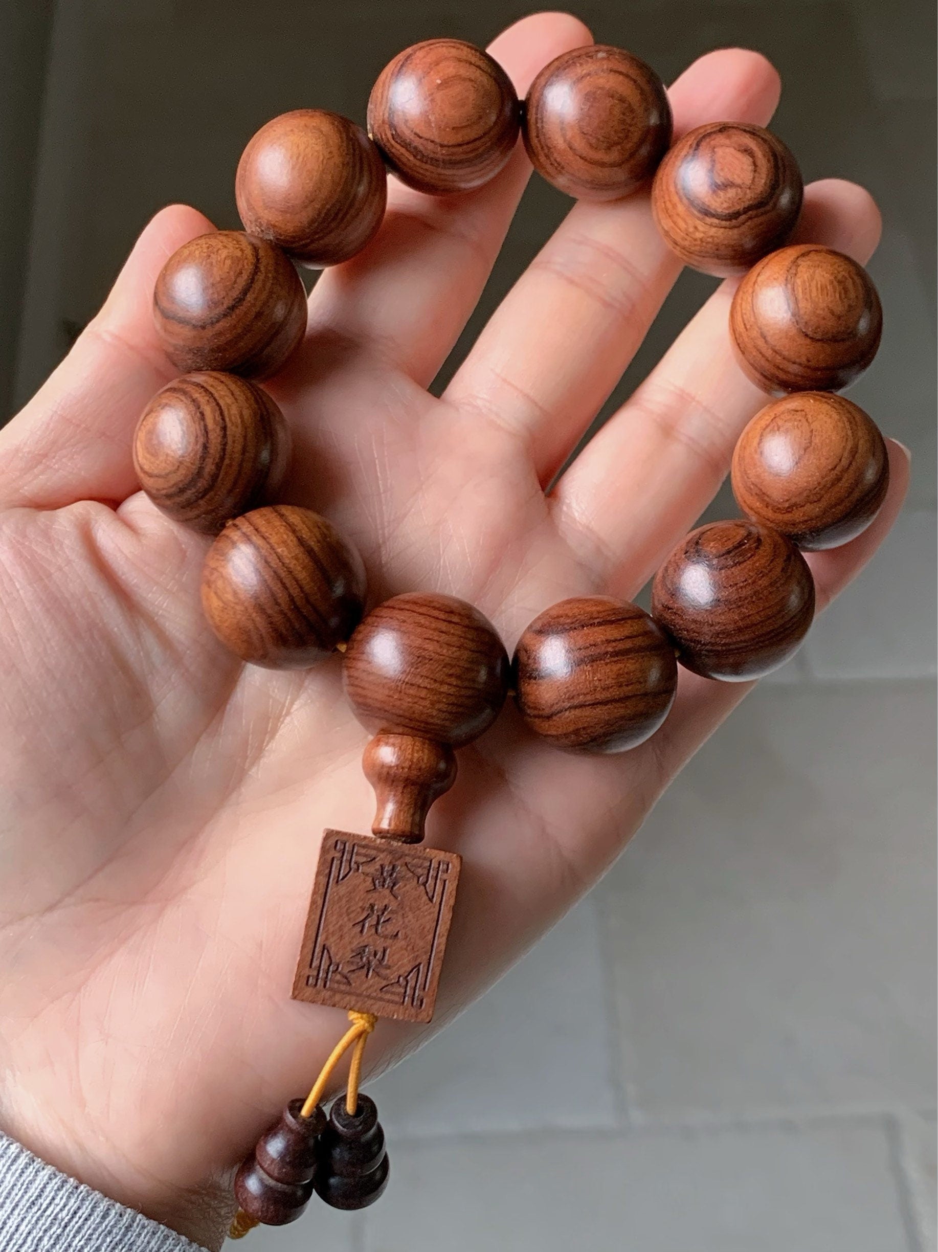 Large Natural Genuine Yellow Flower Pear Rosewood Mala Beads 12-Bead Beaded Bracelet Stretchy 20mm 9” 天然大卡黄花梨木珠手串