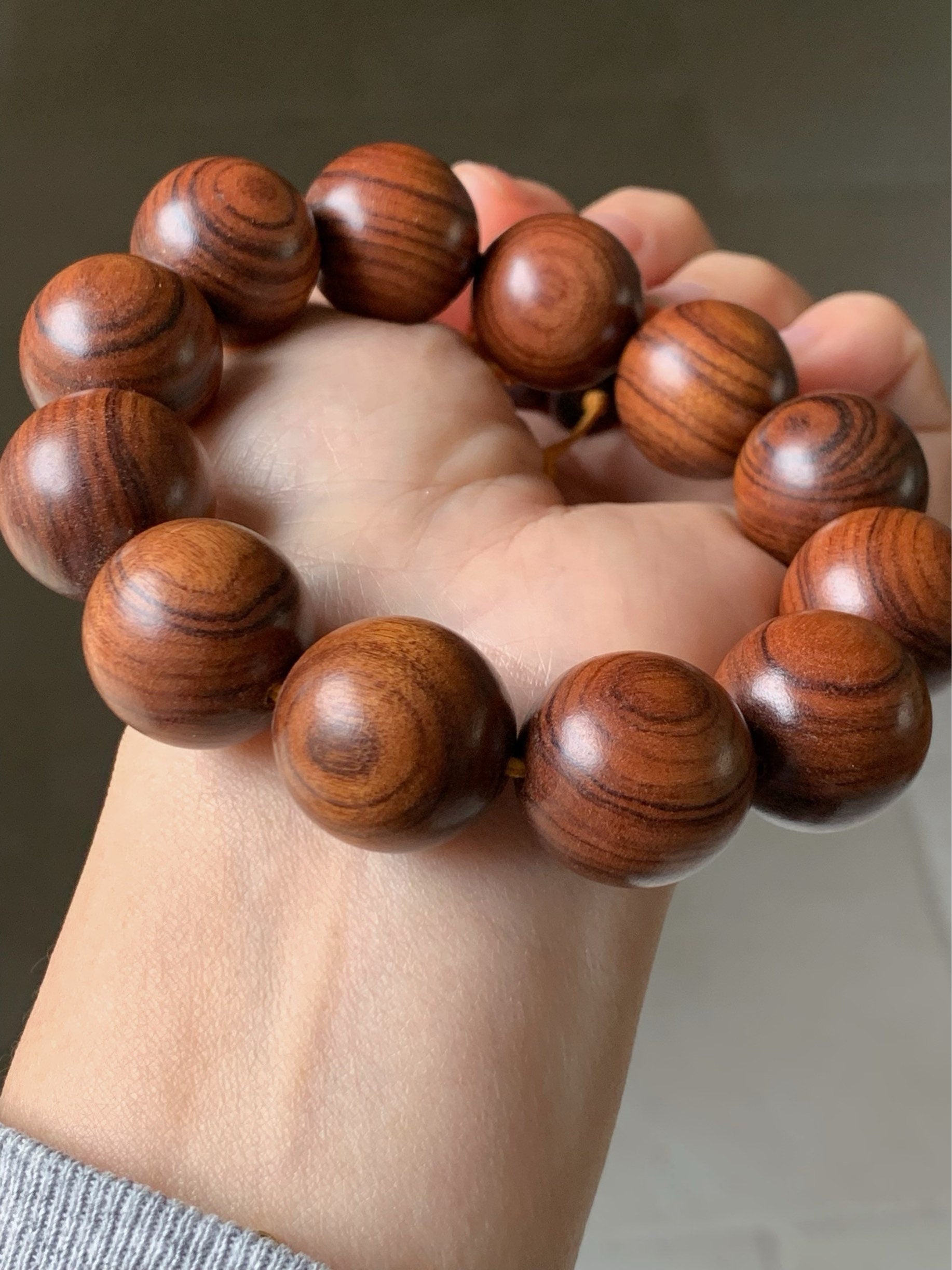 Large Natural Genuine Yellow Flower Pear Rosewood Mala Beads 12-Bead Beaded Bracelet Stretchy 20mm 9” 天然大卡黄花梨木珠手串