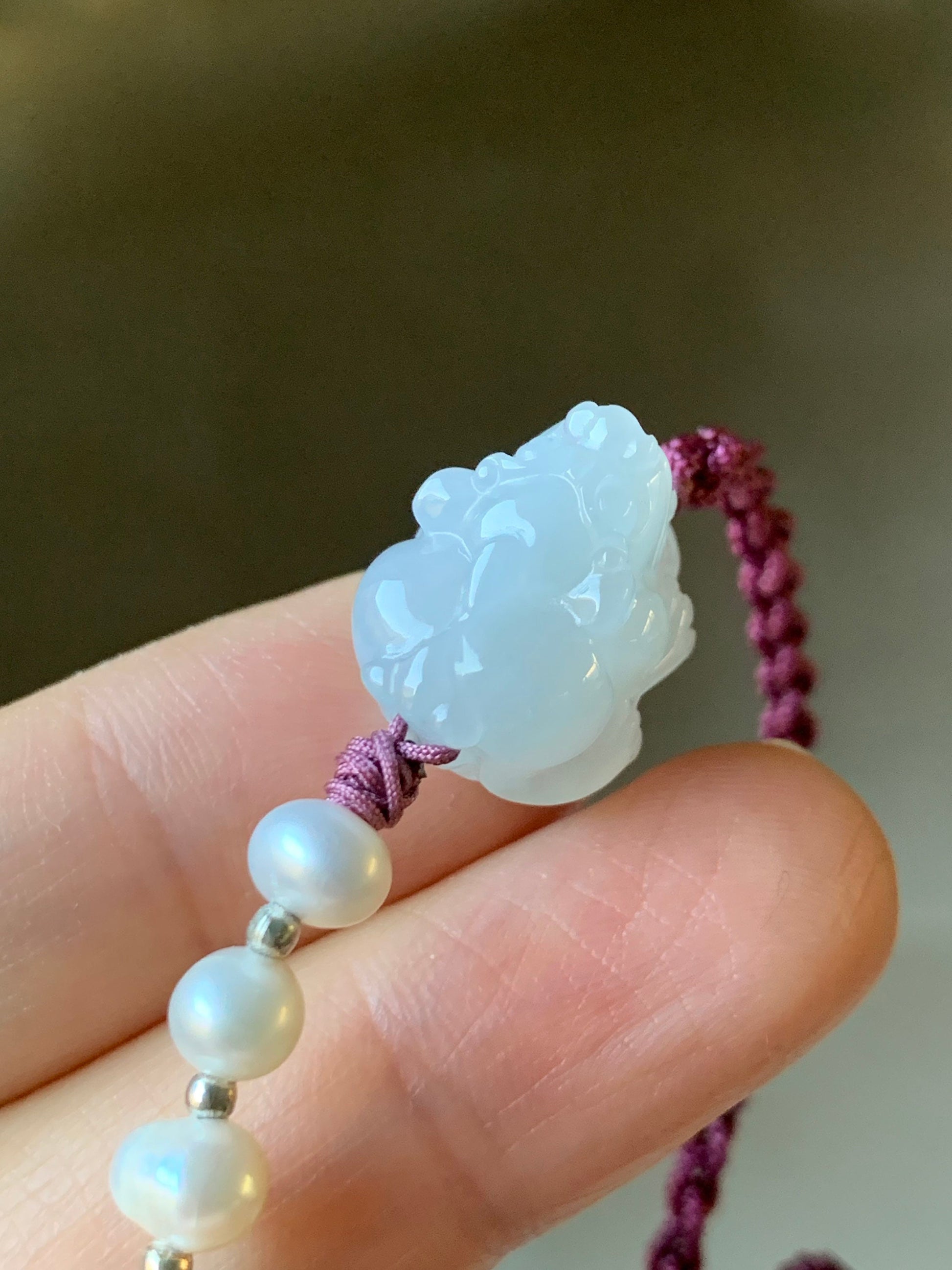 Natural Burmese Icy Translucent Gelatinous Pure White Jadeite Carved Pixiu Rope Bracelet w/ Freshwater Pearls Adjustable 天然缅甸冰胶白冰翡翠貔貅珍珠手绳
