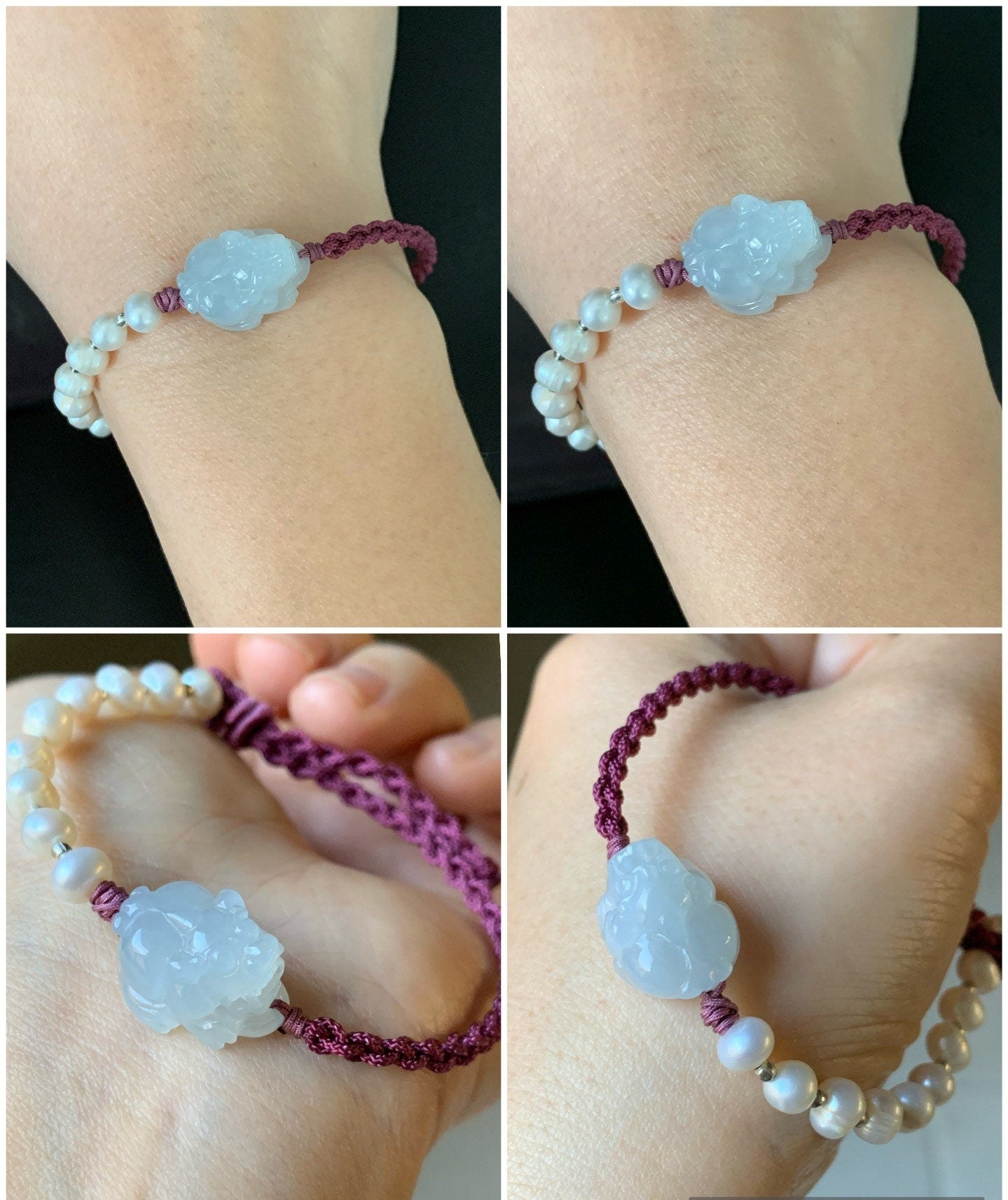 Natural Burmese Icy Translucent Gelatinous Pure White Jadeite Carved Pixiu Rope Bracelet w/ Freshwater Pearls Adjustable 天然缅甸冰胶白冰翡翠貔貅珍珠手绳