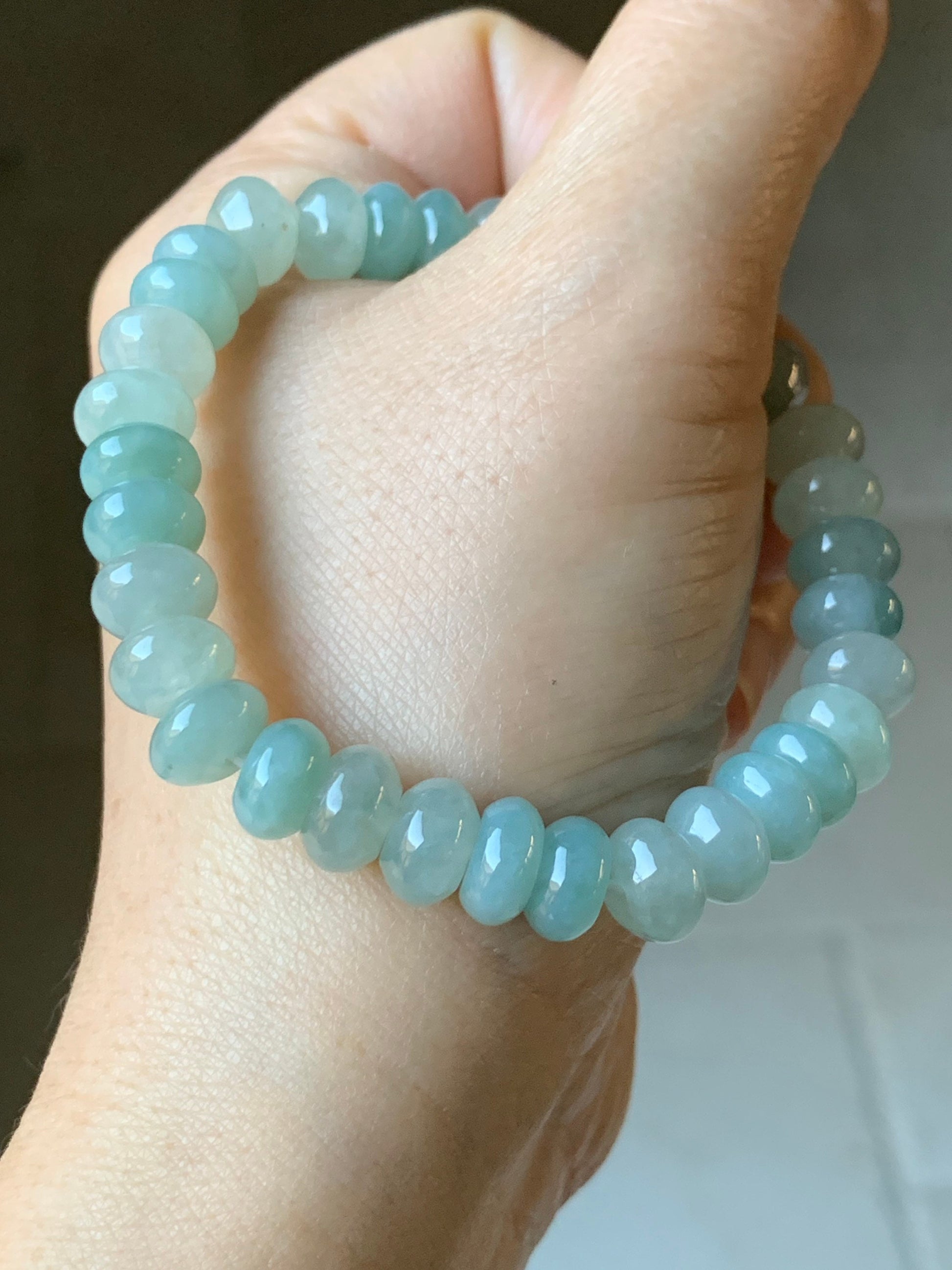 Large Natural Burmese Icy Translucent Light Green Jadeite Flat Beads Beaded Bracelet Stretchy 9x5mm 7.25” 29g 天然缅甸冰晴底翡翠大卡算盘珠手串