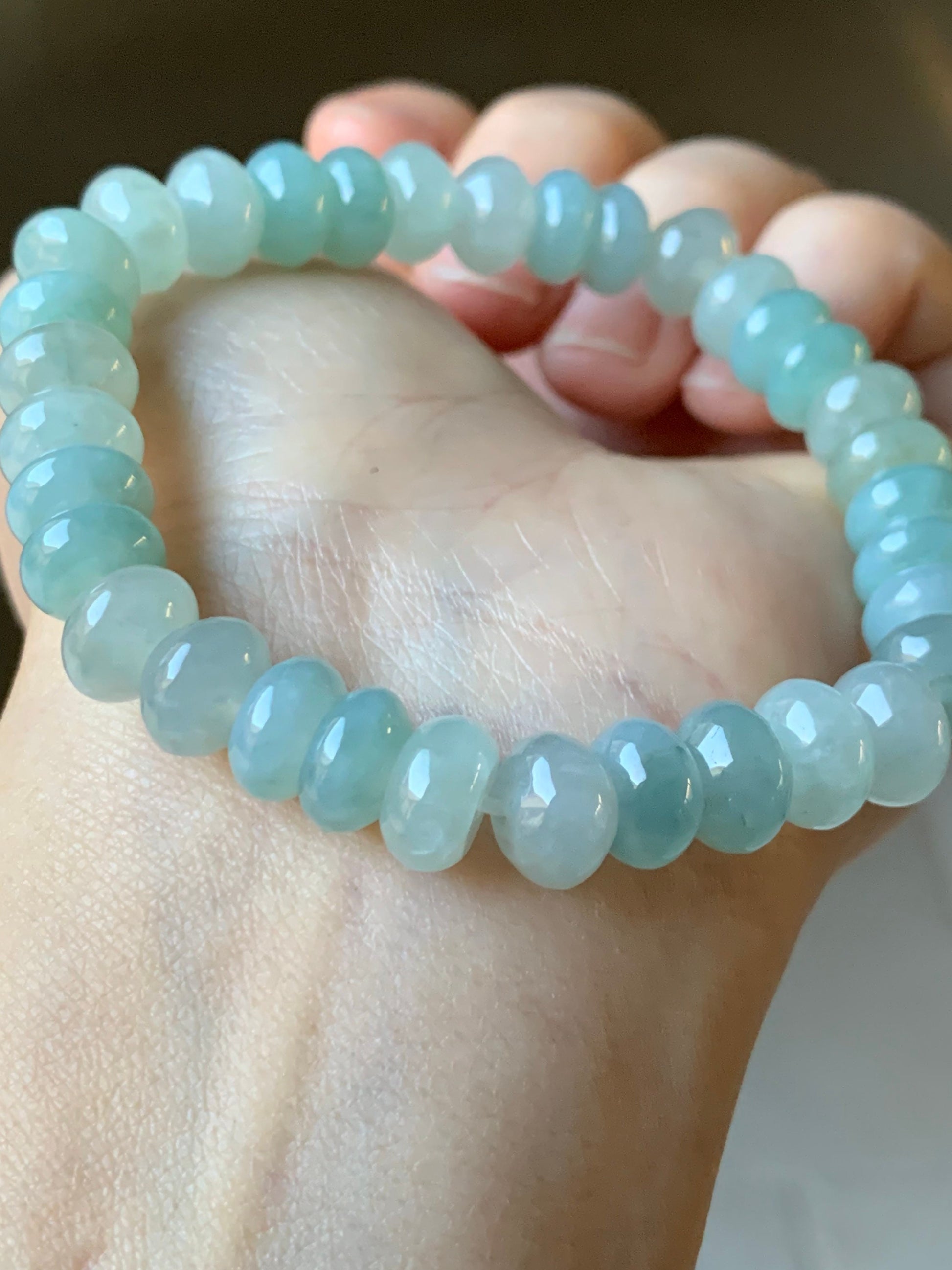 Large Natural Burmese Icy Translucent Light Green Jadeite Flat Beads Beaded Bracelet Stretchy 9x5mm 7.25” 29g 天然缅甸冰晴底翡翠大卡算盘珠手串