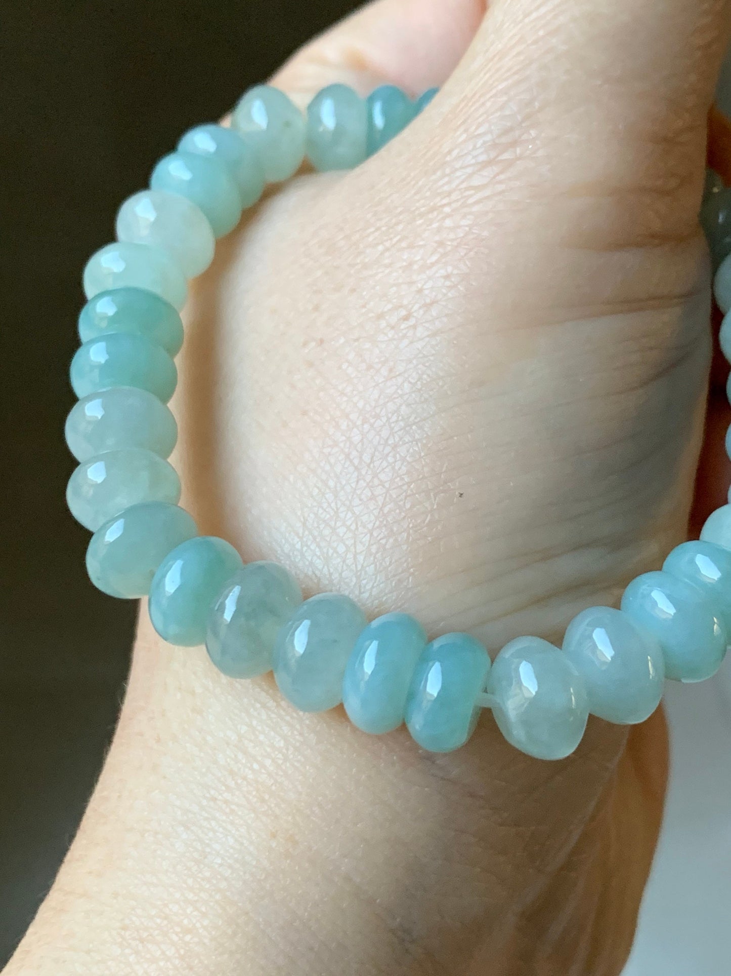 Large Natural Burmese Icy Translucent Light Green Jadeite Flat Beads Beaded Bracelet Stretchy 9x5mm 7.25” 29g 天然缅甸冰晴底翡翠大卡算盘珠手串