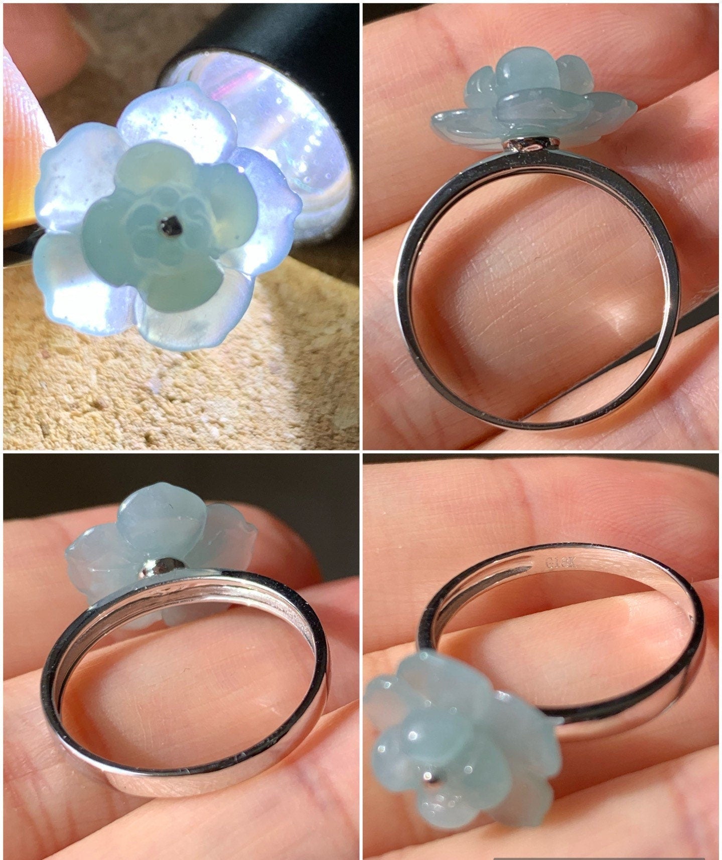Certified Natural Guatemalan Premium Highly Translucent Sky Blue Jadeite Carved Lotus Flower Ring 18K White Gold size 7 天然危地马拉正高冰天空蓝翡翠莲花镶嵌戒指