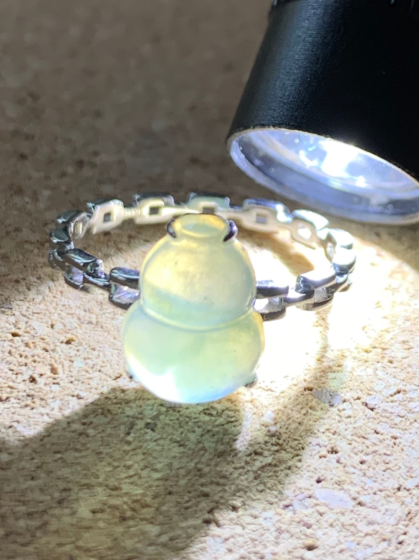 Certified Natural Grade A Burmese Premium Icy Highly Translucent Light Green Jadeite Hulu Gourd Ring 18K White Gold Sz 7 天然缅甸正冰起光晴色翡翠葫芦镶嵌戒指