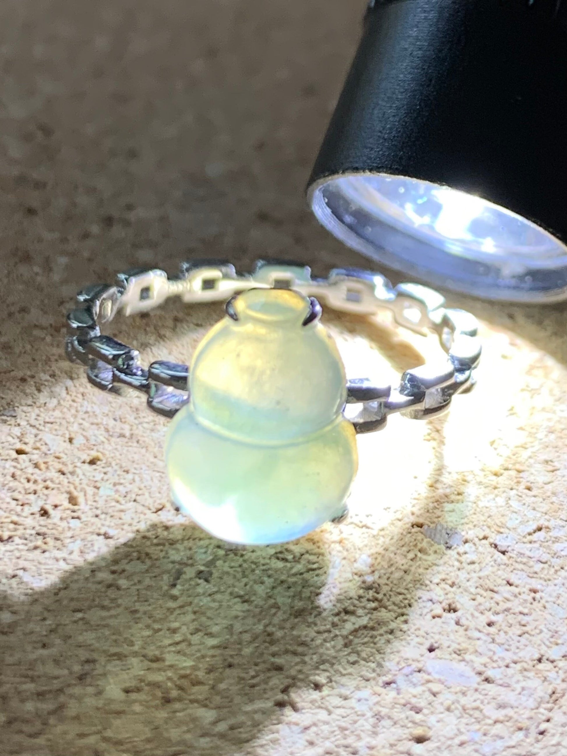 Certified Natural Grade A Burmese Premium Icy Highly Translucent Light Green Jadeite Hulu Gourd Ring 18K White Gold Sz 7 天然缅甸正冰起光晴色翡翠葫芦镶嵌戒指