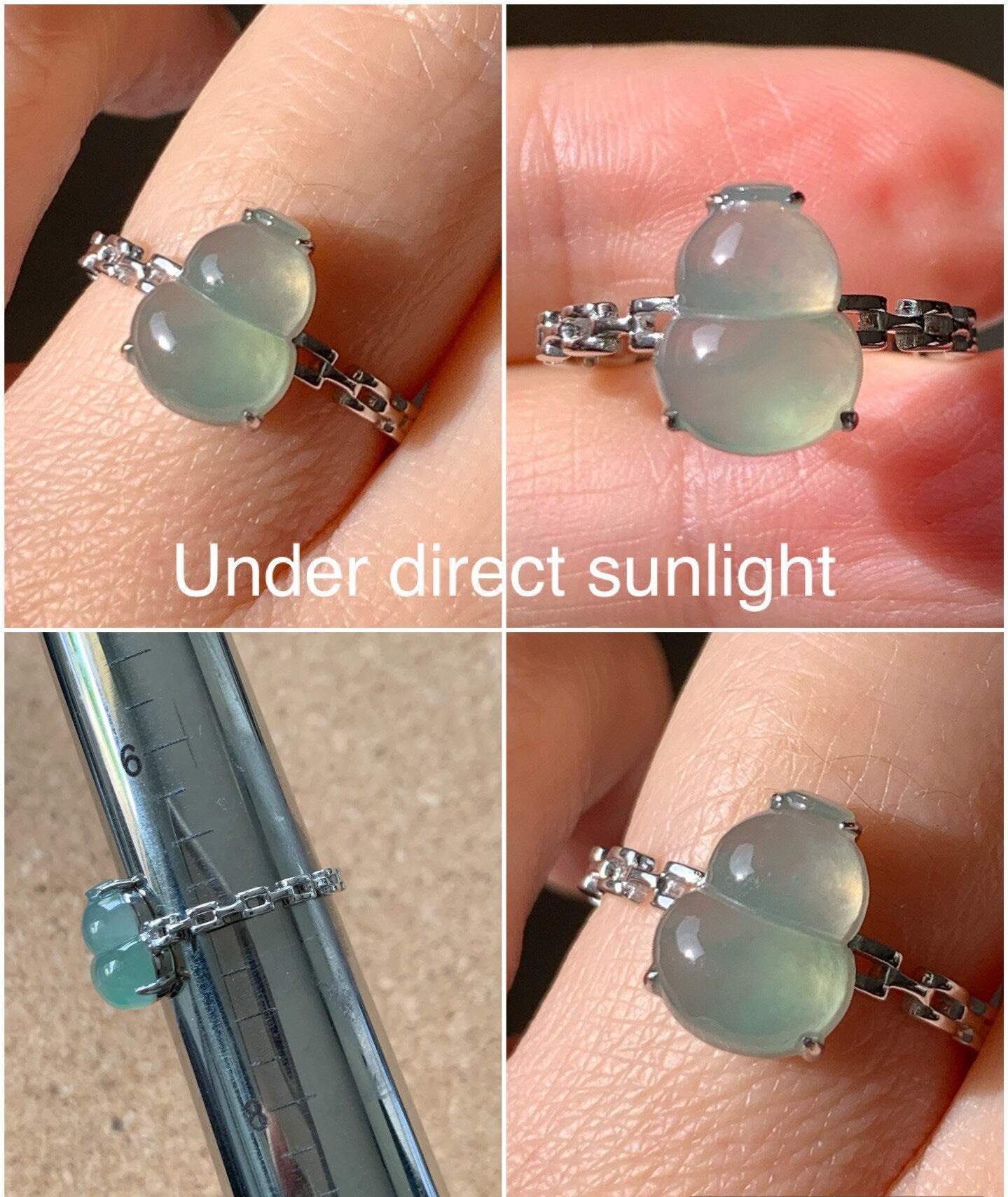 Certified Natural Grade A Burmese Premium Icy Highly Translucent Light Green Jadeite Hulu Gourd Ring 18K White Gold Sz 7 天然缅甸正冰起光晴色翡翠葫芦镶嵌戒指