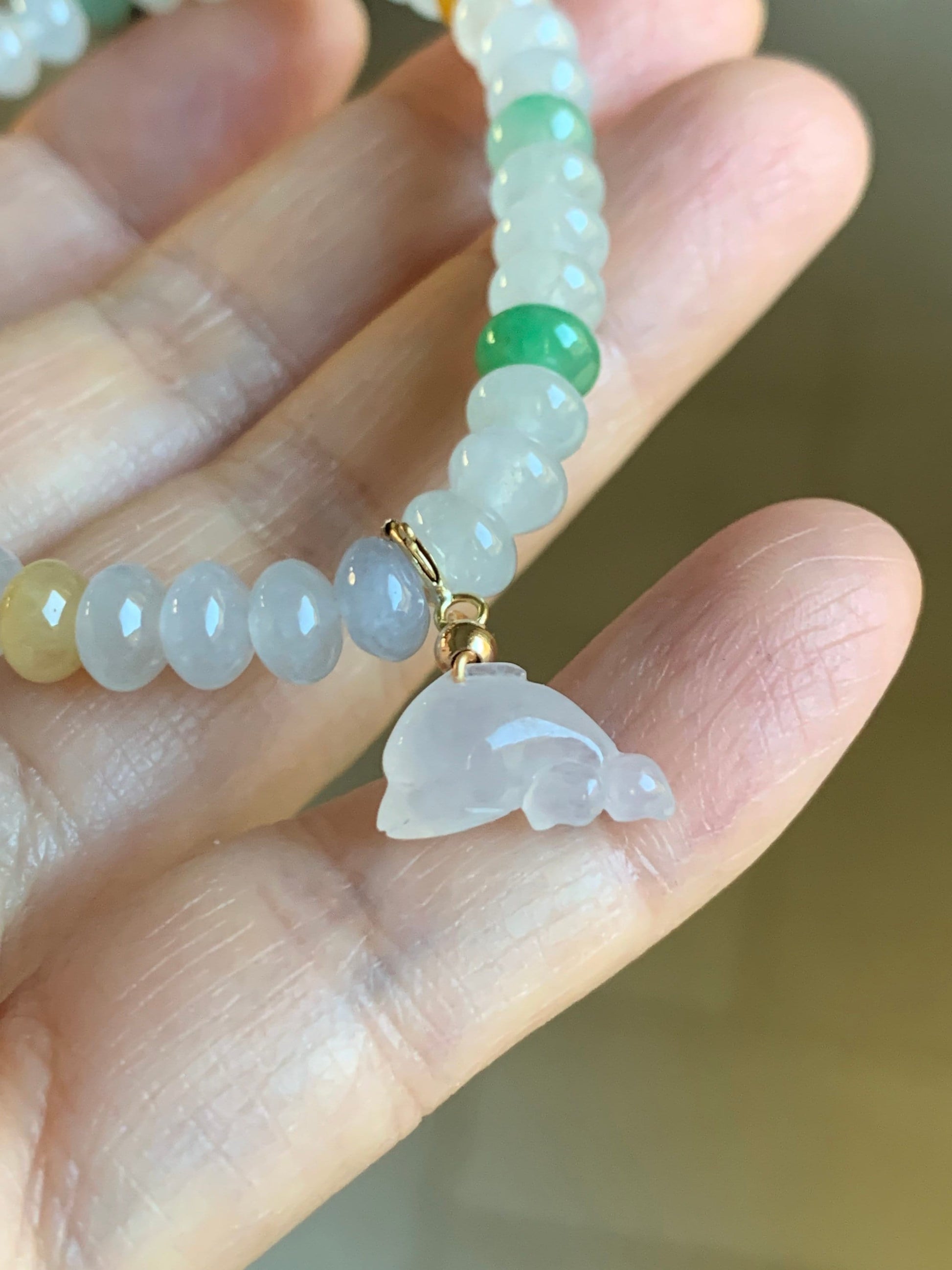 Burmese Natural Premium Icy translucent Multi-Colored Jadeite Drum Beads Beaded Bracelet w/ Carved Dolphin Charm 6.75” 天然缅甸起冰起光多宝翡翠鼓珠手串