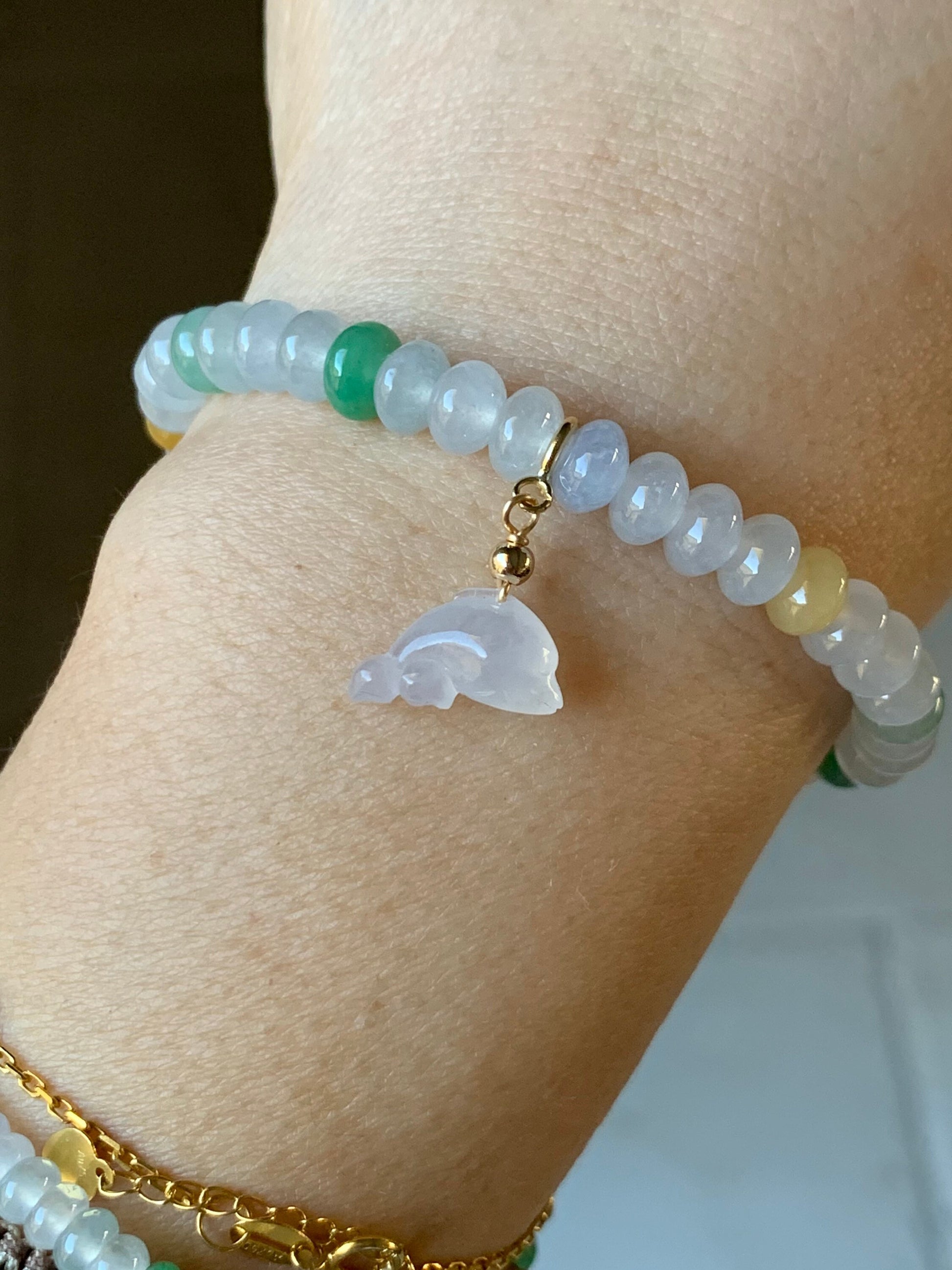 Burmese Natural Premium Icy translucent Multi-Colored Jadeite Drum Beads Beaded Bracelet w/ Carved Dolphin Charm 6.75” 天然缅甸起冰起光多宝翡翠鼓珠手串