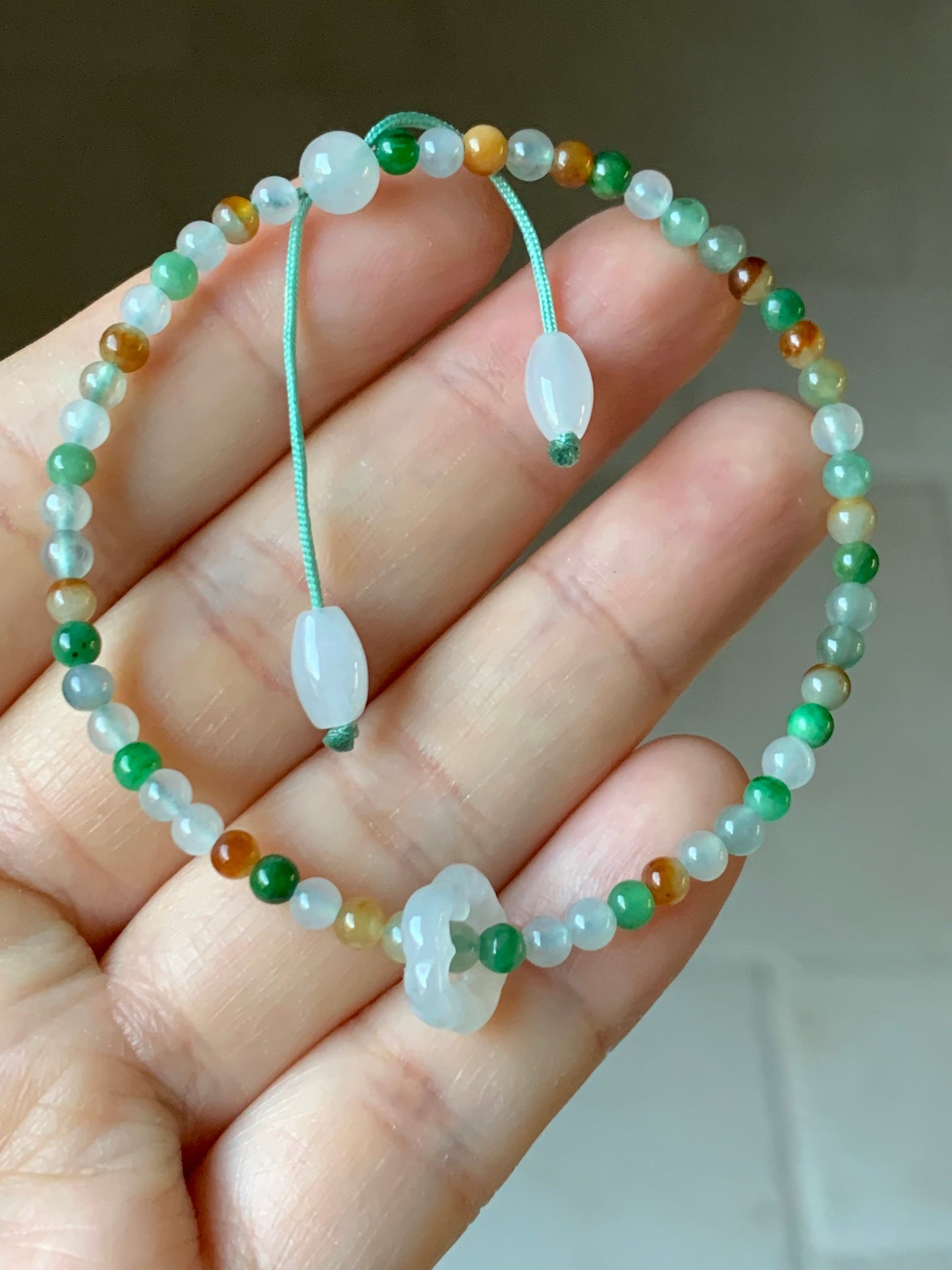 Natural Burmese Icy Translucent Multi-Colored Jadeite Petite Beads w/ Flower Sliding Jadeite Ring Beaded Bracelet 6.75” 天然缅甸冰多宝翡翠小圆珠白冰跑环手串