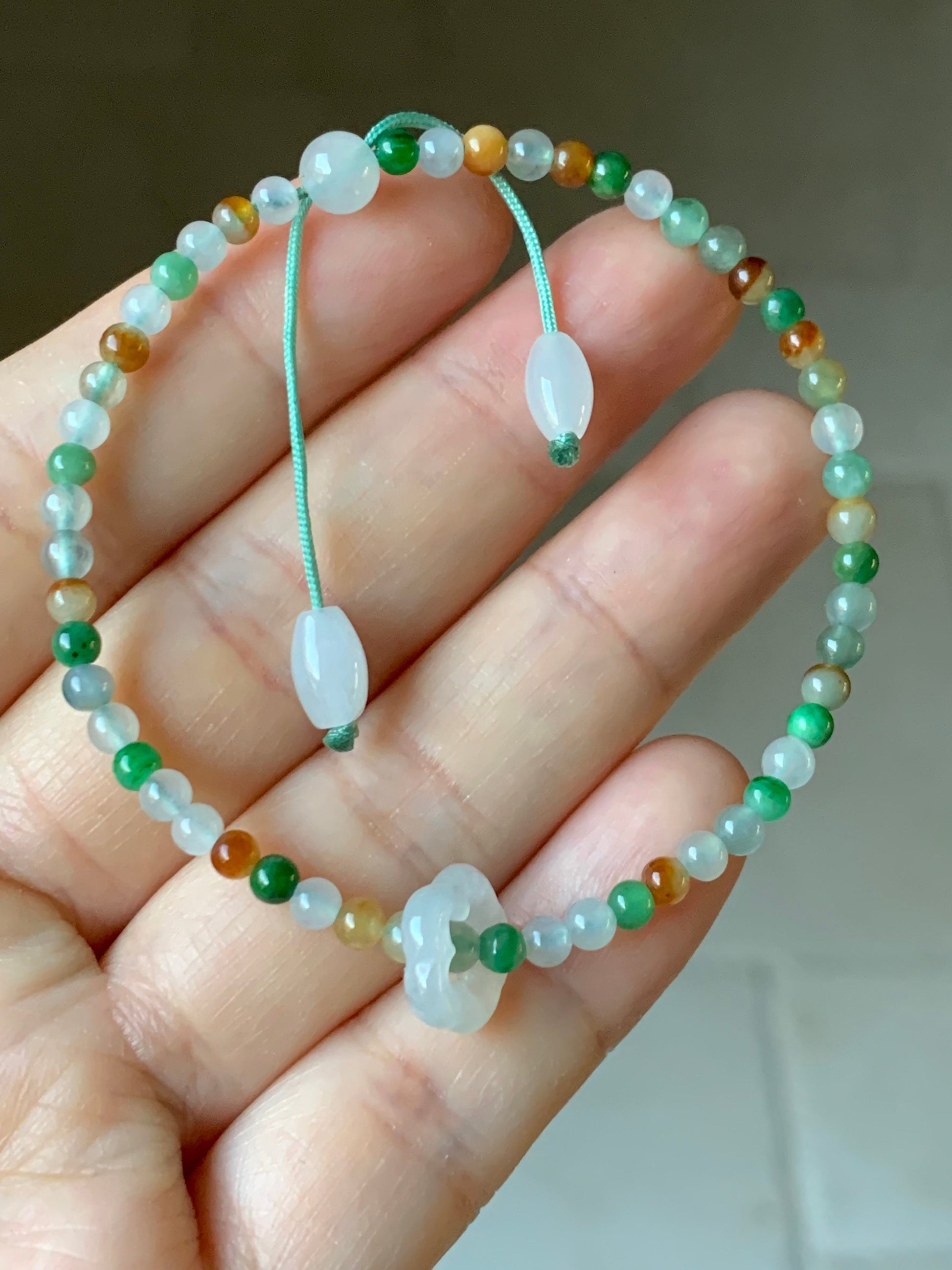Natural Burmese Icy Translucent Multi-Colored Jadeite Petite Beads w/ Flower Sliding Jadeite Ring Beaded Bracelet 6.75” 天然缅甸冰多宝翡翠小圆珠白冰跑环手串