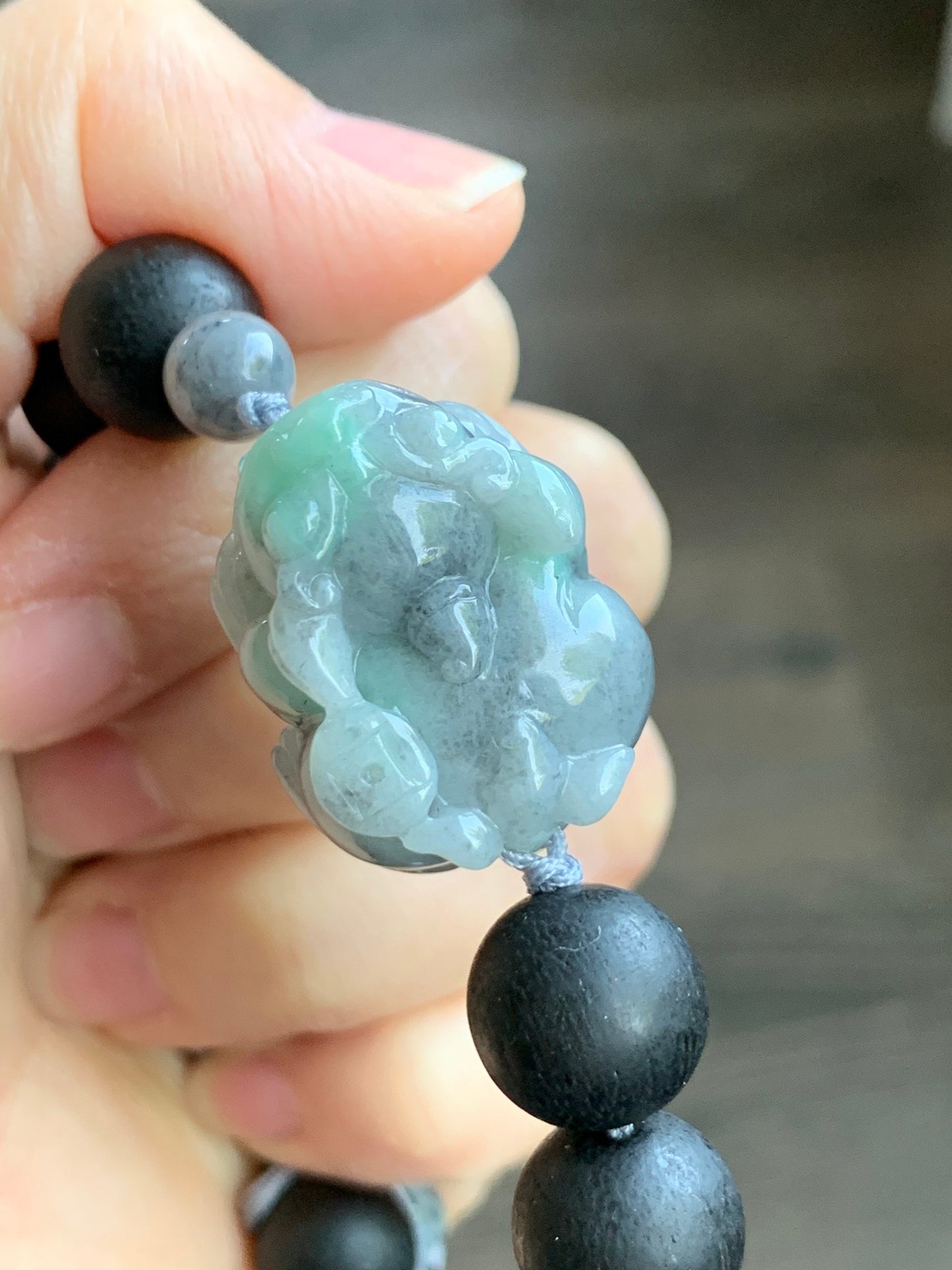 Large Natural Burmese Icy Wuji Jadeite with Green Marbling Carved Pixiu Black Agarwood Beaded Bracelet 7.75" 天然缅甸细糯乌鸡带绿翡翠貔貅土沉香木珠手串