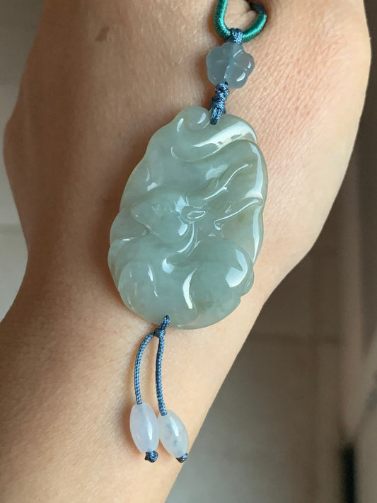 Natural Burmese Translucent Gelatinous Light Green Jadeite Carved Deer Pendant & Blue Jadeite Cherry Blossom Necklace 天然缅甸冰淡绿翡翠鹿牌危蓝梅花吊坠