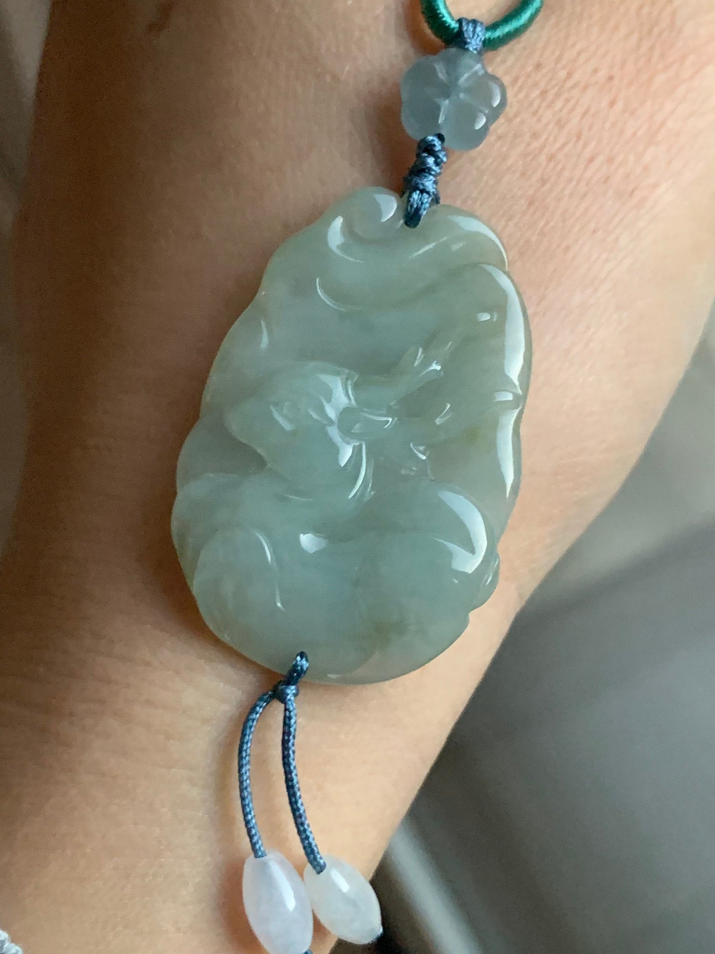 Natural Burmese Translucent Gelatinous Light Green Jadeite Carved Deer Pendant & Blue Jadeite Cherry Blossom Necklace 天然缅甸冰淡绿翡翠鹿牌危蓝梅花吊坠