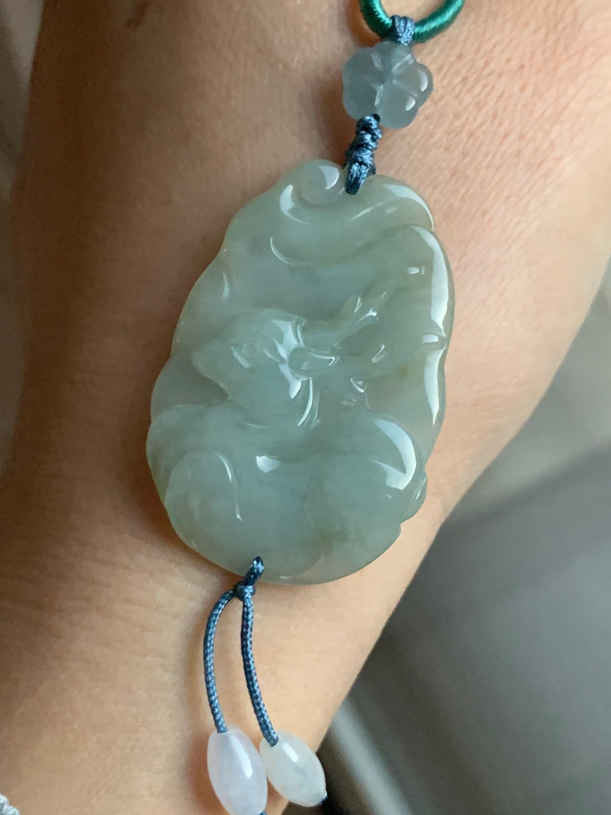 Natural Burmese Translucent Gelatinous Light Green Jadeite Carved Deer Pendant & Blue Jadeite Cherry Blossom Necklace 天然缅甸冰淡绿翡翠鹿牌危蓝梅花吊坠