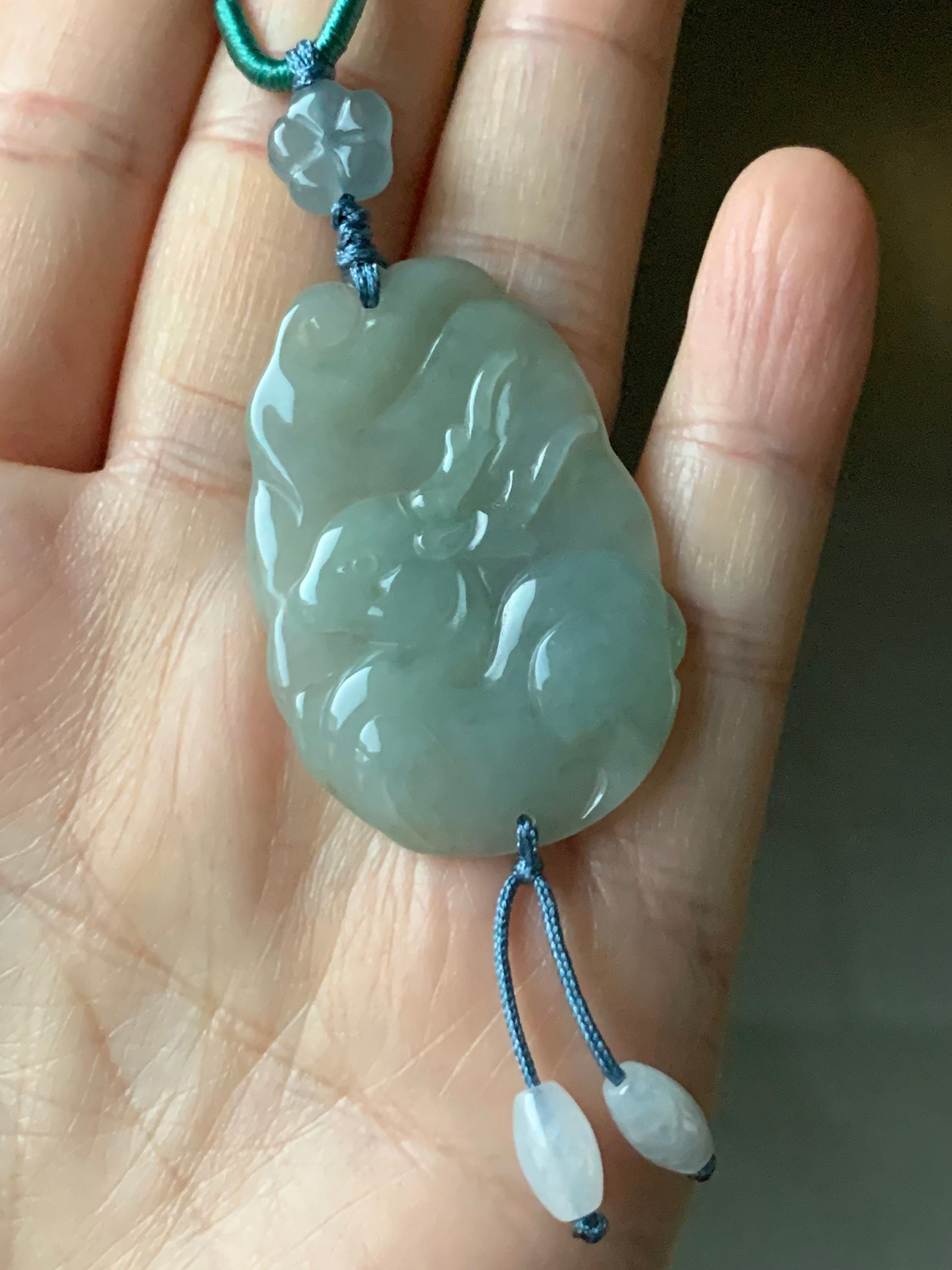 Natural Burmese Translucent Gelatinous Light Green Jadeite Carved Deer Pendant & Blue Jadeite Cherry Blossom Necklace 天然缅甸冰淡绿翡翠鹿牌危蓝梅花吊坠