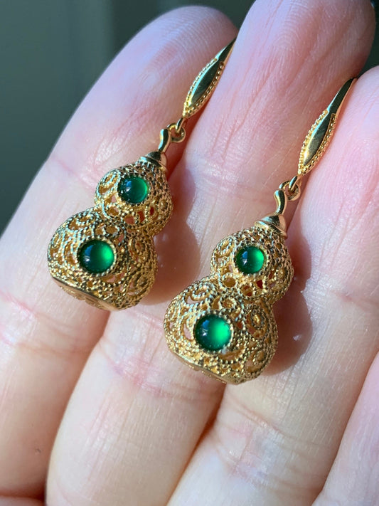 Natural Guatemalan Premium Green Jadeite 3D Hulu Gourd Dangle Earrings S925 Silver Yellow Gold Finish 天然高冰危绿翡翠银镶立体葫芦吊坠