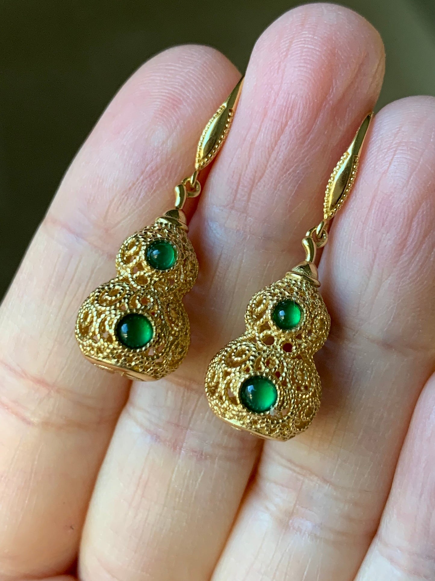Natural Guatemalan Premium Green Jadeite 3D Hulu Gourd Dangle Earrings S925 Silver Yellow Gold Finish 天然高冰危绿翡翠银镶立体葫芦吊坠