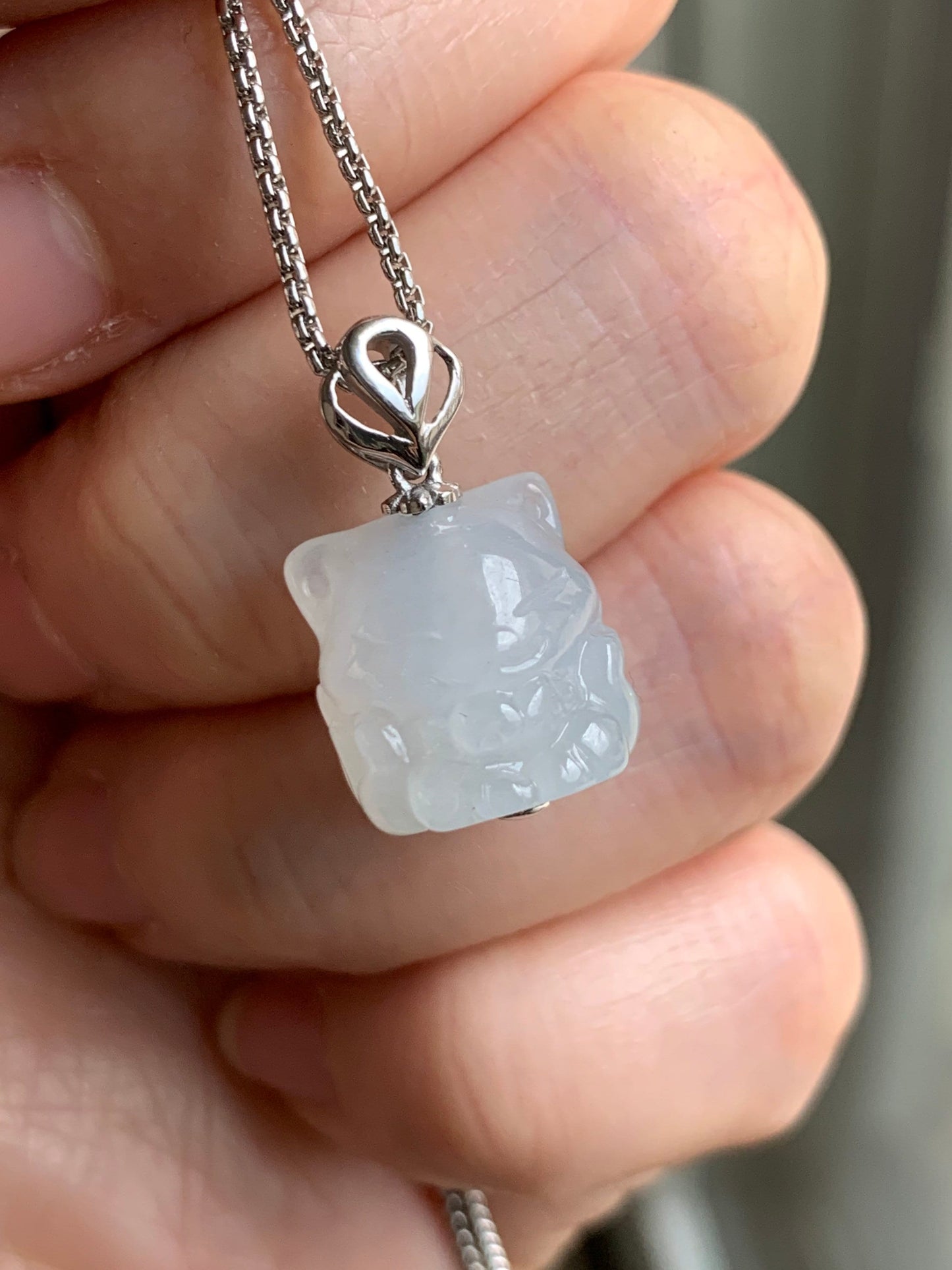 Certified Natural Burmese Icy Translucent & Gelatinous White Jadeite 3D Carved Nine-Tailed Fox Pendant 18K White Gold 天然缅甸白冰起胶翡翠九尾狐狸镶嵌吊坠 756