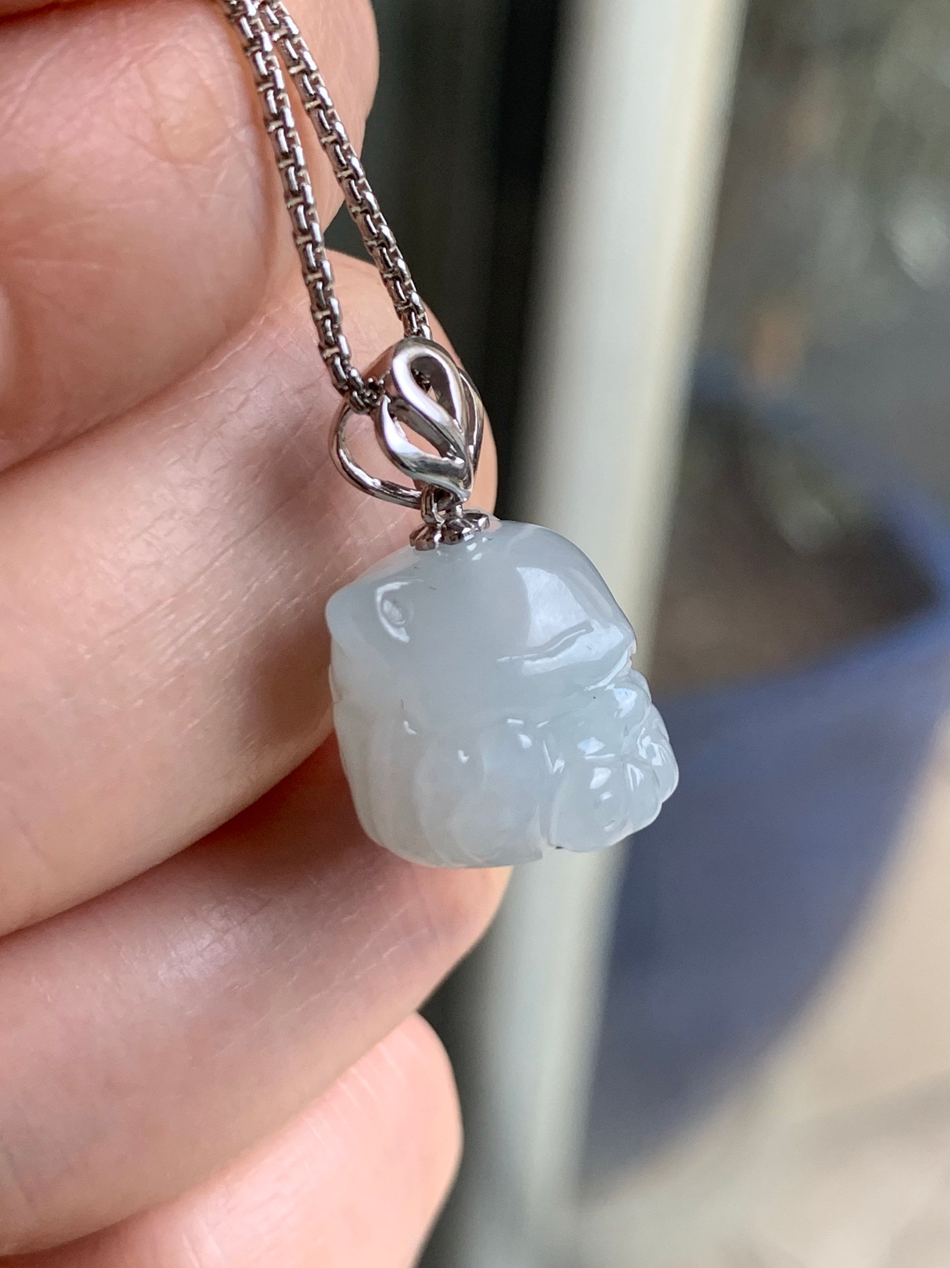 Certified Natural Burmese Icy Translucent & Gelatinous White Jadeite 3D Carved Nine-Tailed Fox Pendant 18K White Gold 天然缅甸白冰起胶翡翠九尾狐狸镶嵌吊坠 757
