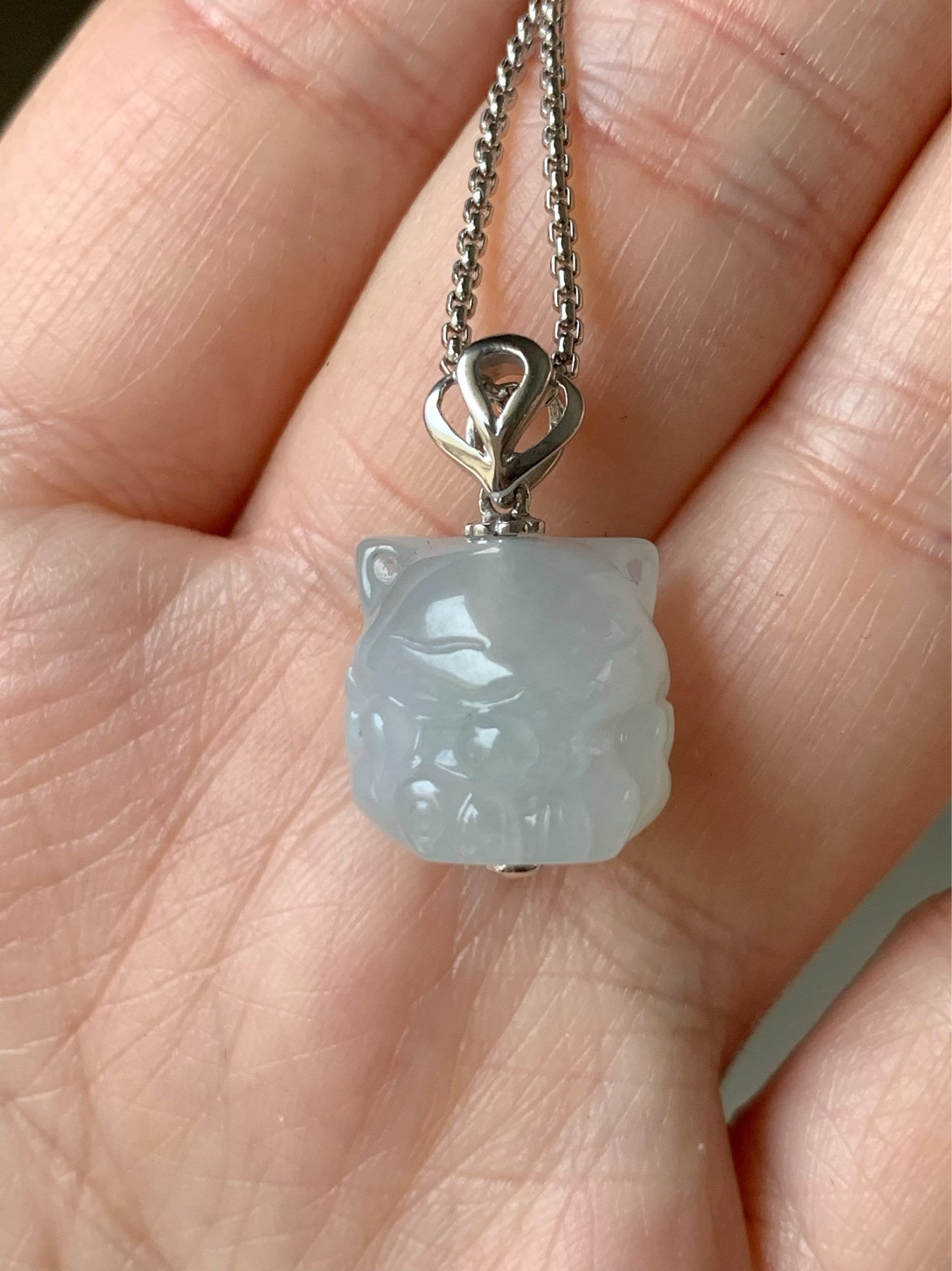 Certified Natural Burmese Icy Translucent & Gelatinous White Jadeite 3D Carved Nine-Tailed Fox Pendant 18K White Gold 天然缅甸白冰起胶翡翠九尾狐狸镶嵌吊坠 757