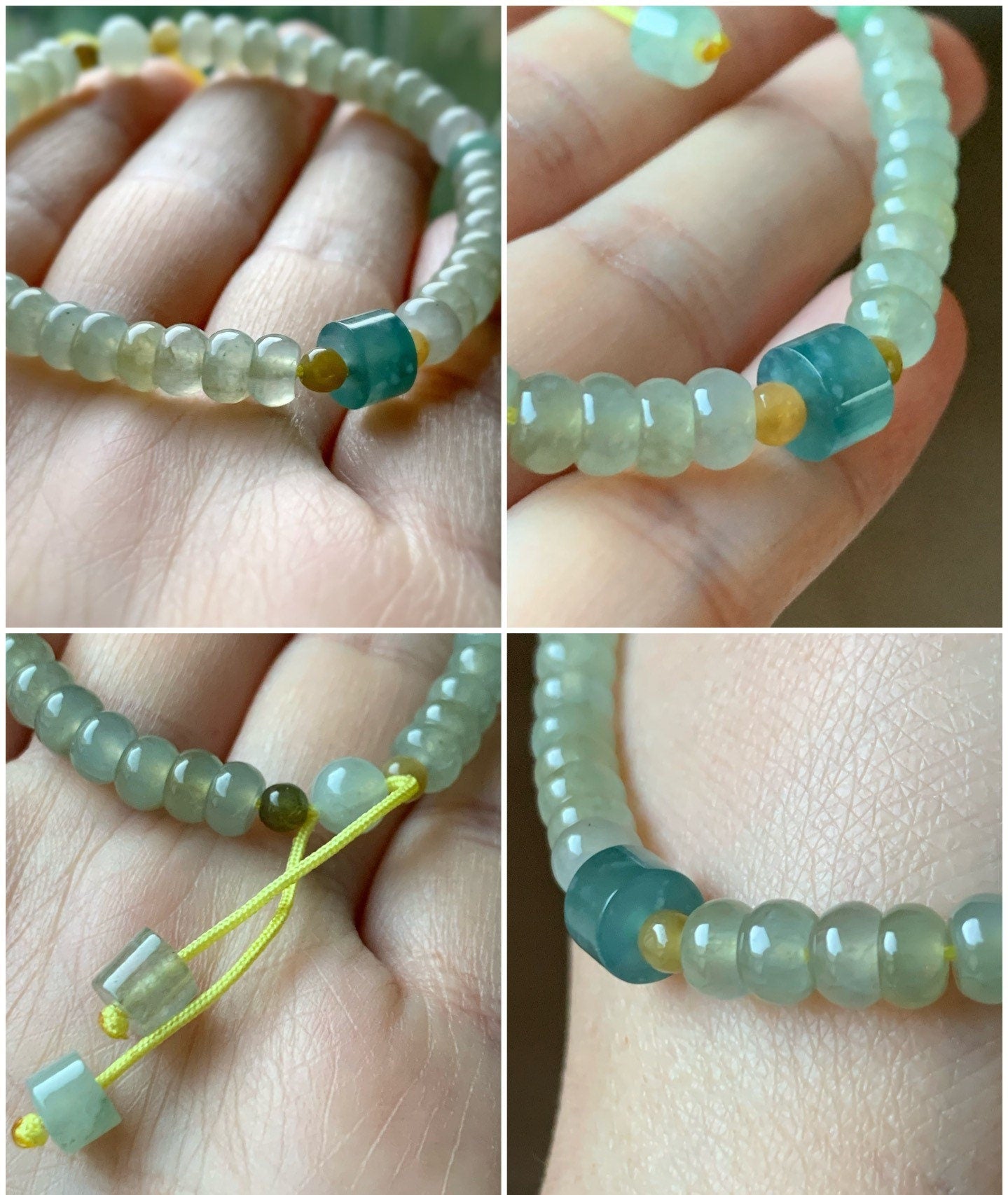 Natural Burmese Icy Beige & Guatemalan Blue Translucent Gelatinous Jadeite Flat Beads Beaded Bracelet 7” 13g 天然缅甸冰胶冰黄翡翠算盘珠冰危蓝桶珠手串