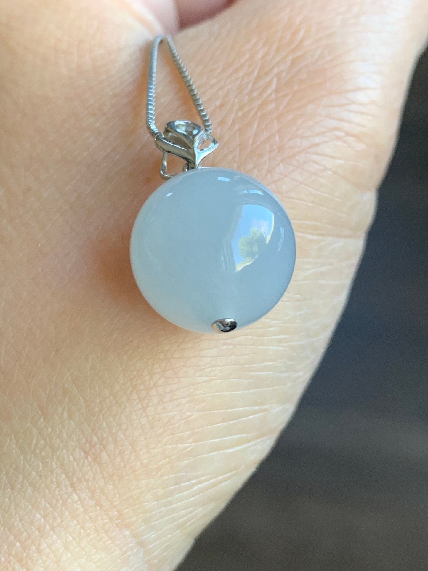Large Certified Natural Burmese Grade A Icy Translucent Gelatinous Jadeite Sphere Bead Pendant 18K White Gold 天然缅甸糯冰起胶翡翠单珠镶嵌吊坠
