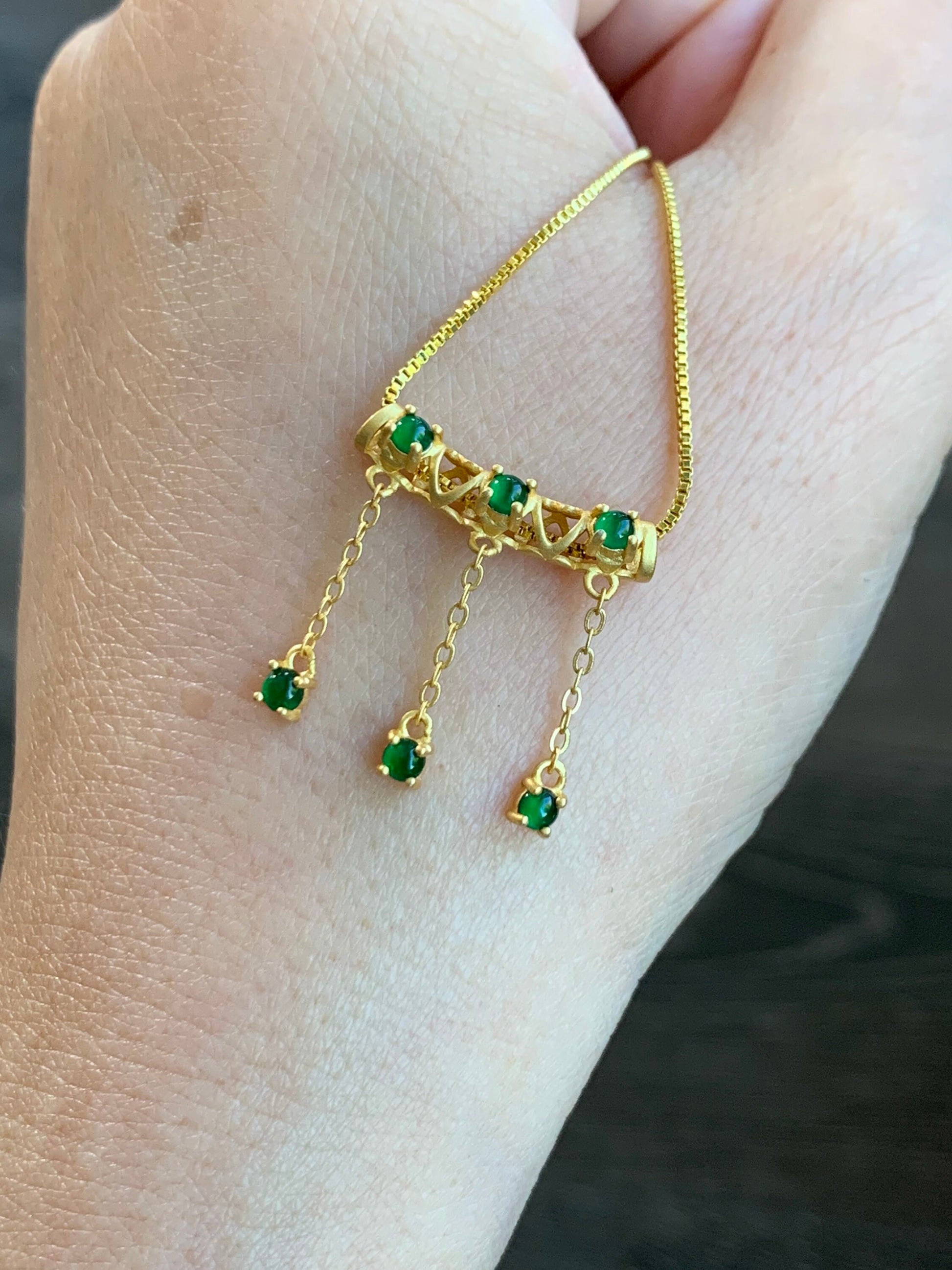 Natural Guatemalan Premium Vibrant Green Jadeite Dangle Pendant S925 Silver Yellow Gold Finish w/ Chain 天然高冰危绿翡翠流苏吊坠套链