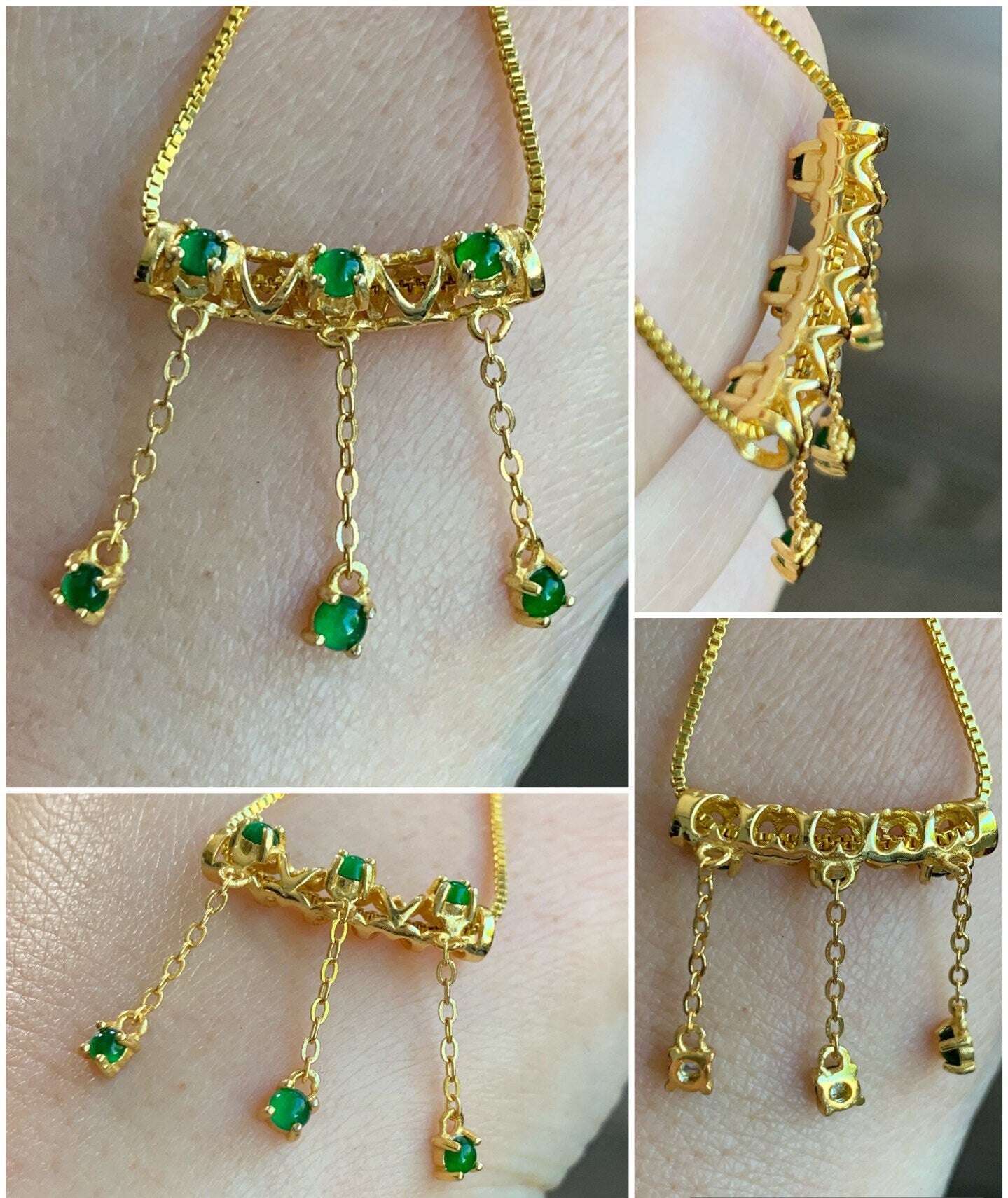 Natural Guatemalan Premium Vibrant Green Jadeite Dangle Pendant S925 Silver Yellow Gold Finish w/ Chain 天然高冰危绿翡翠流苏吊坠套链