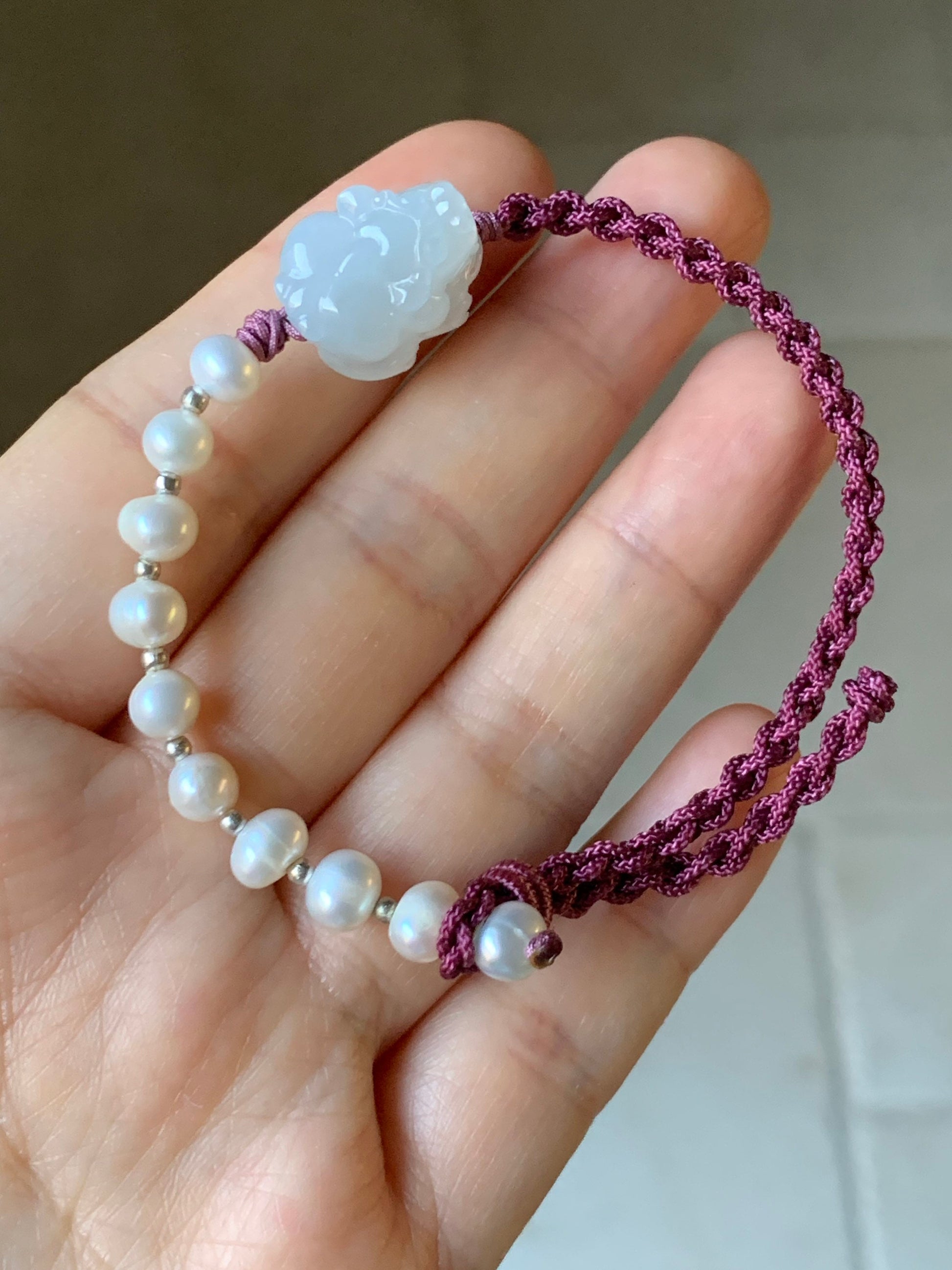 Natural Burmese Icy Translucent Gelatinous Pure White Jadeite Carved Pixiu Rope Bracelet w/ Freshwater Pearls Adjustable 天然缅甸冰胶白冰翡翠貔貅珍珠手绳