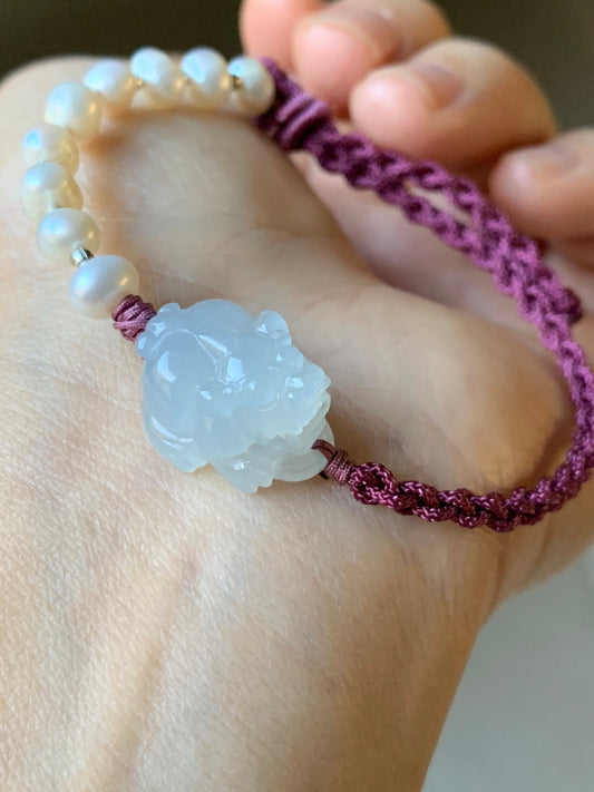 Natural Burmese Icy Translucent Gelatinous Pure White Jadeite Carved Pixiu Rope Bracelet w/ Freshwater Pearls Adjustable 天然缅甸冰胶白冰翡翠貔貅珍珠手绳