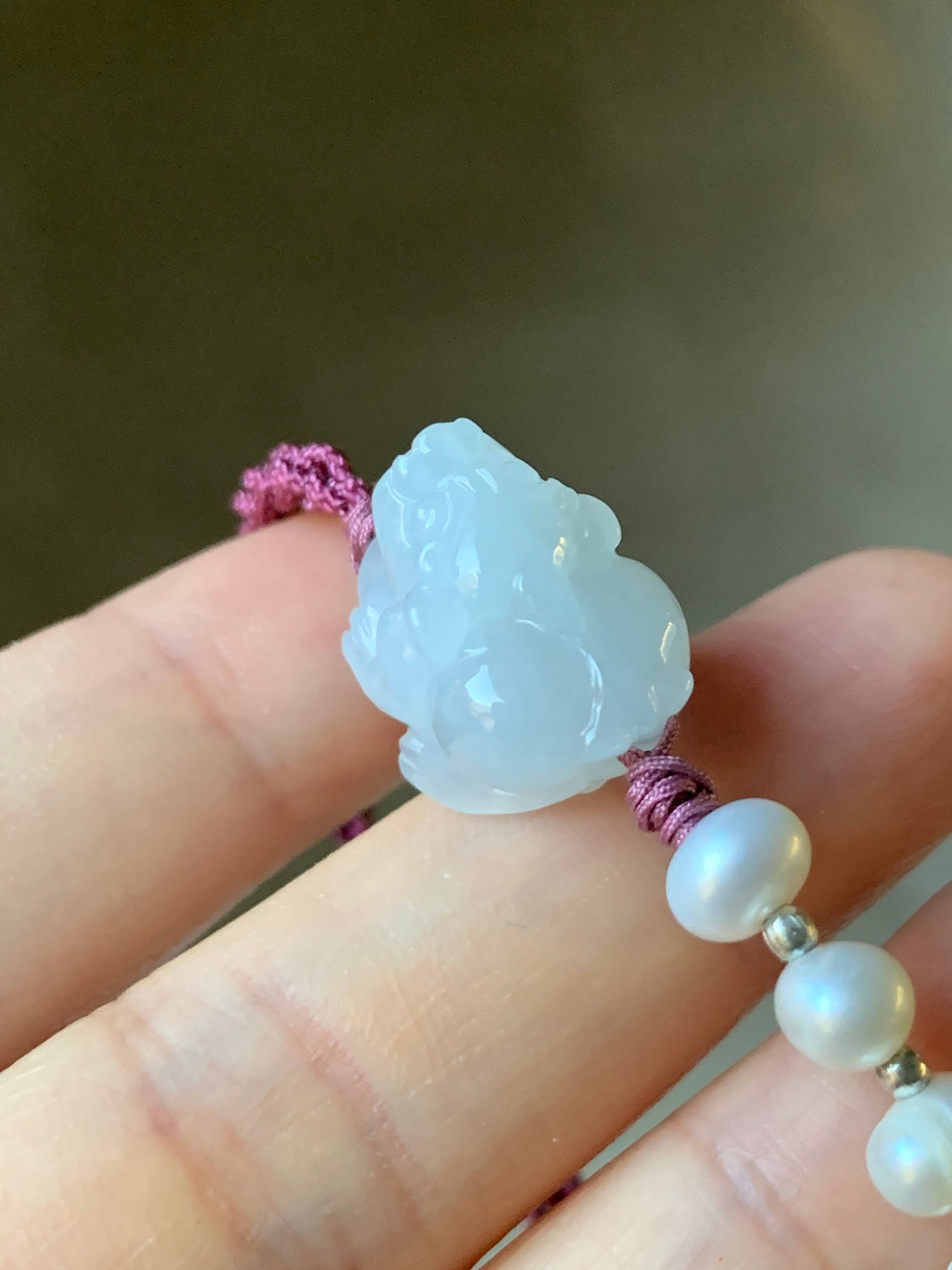 Natural Burmese Icy Translucent Gelatinous Pure White Jadeite Carved Pixiu Rope Bracelet w/ Freshwater Pearls Adjustable 天然缅甸冰胶白冰翡翠貔貅珍珠手绳