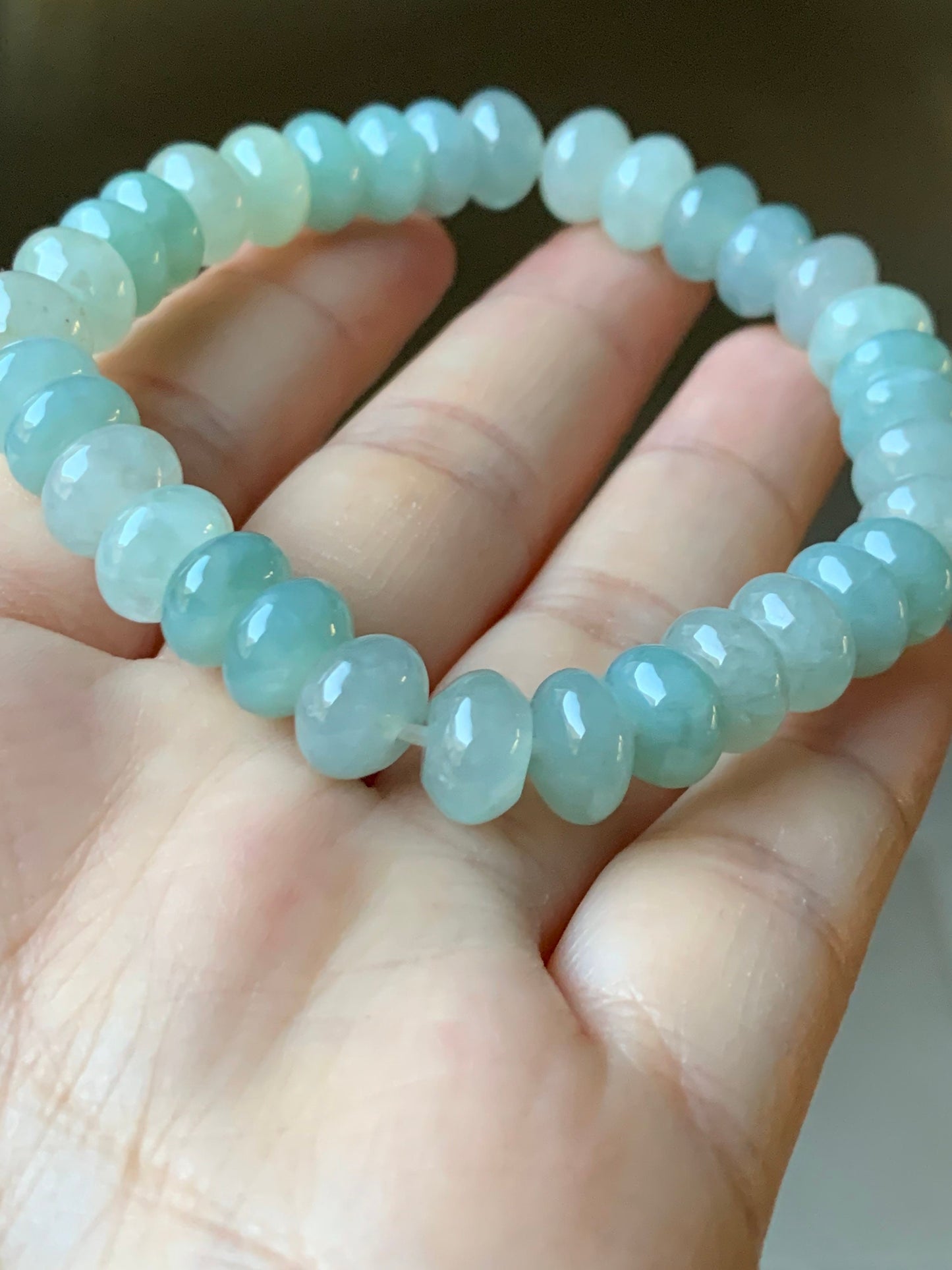 Large Natural Burmese Icy Translucent Light Green Jadeite Flat Beads Beaded Bracelet Stretchy 9x5mm 7.25” 29g 天然缅甸冰晴底翡翠大卡算盘珠手串