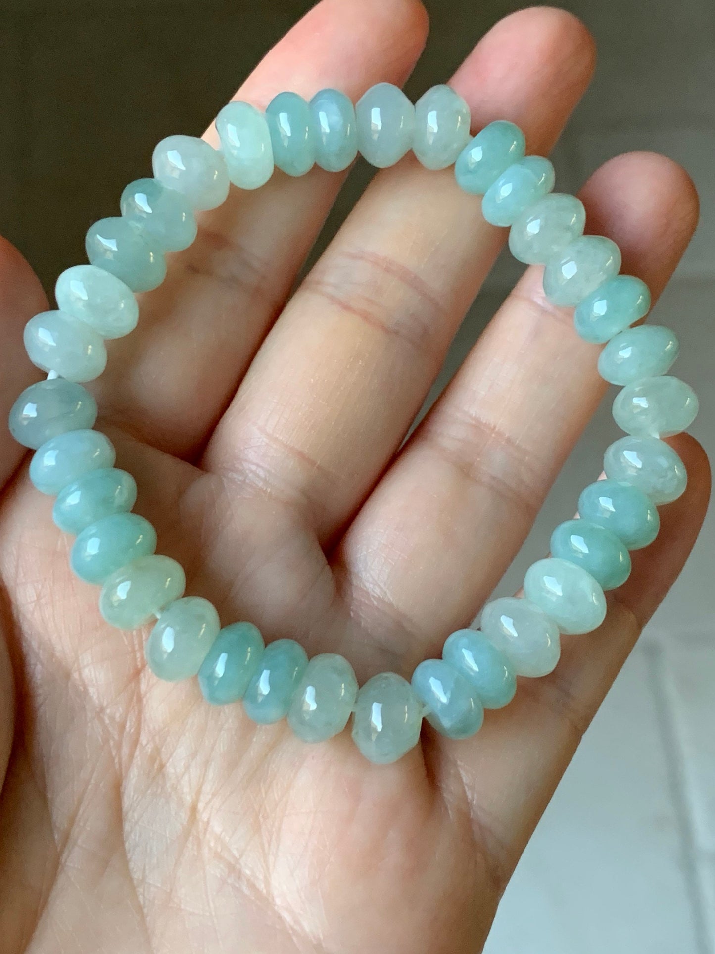 Large Natural Burmese Icy Translucent Light Green Jadeite Flat Beads Beaded Bracelet Stretchy 9x5mm 7.25” 29g 天然缅甸冰晴底翡翠大卡算盘珠手串