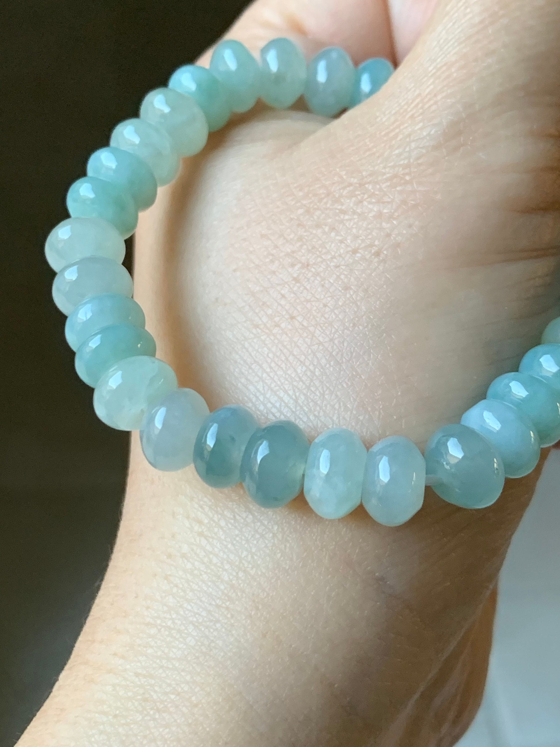 Large Natural Burmese Icy Translucent Light Green Jadeite Flat Beads Beaded Bracelet Stretchy 9x5mm 7.25” 29g 天然缅甸冰晴底翡翠大卡算盘珠手串