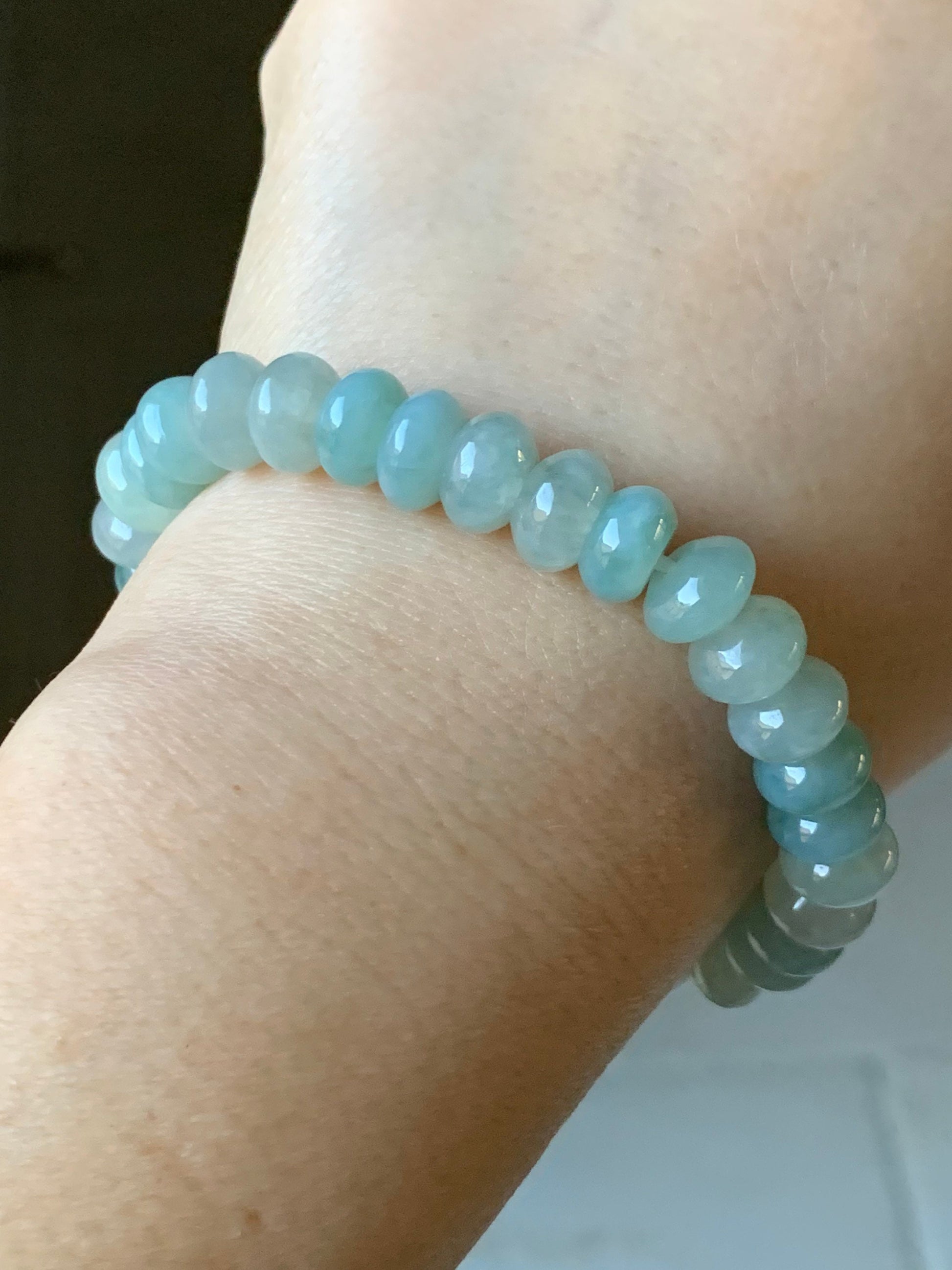 Large Natural Burmese Icy Translucent Light Green Jadeite Flat Beads Beaded Bracelet Stretchy 9x5mm 7.25” 29g 天然缅甸冰晴底翡翠大卡算盘珠手串