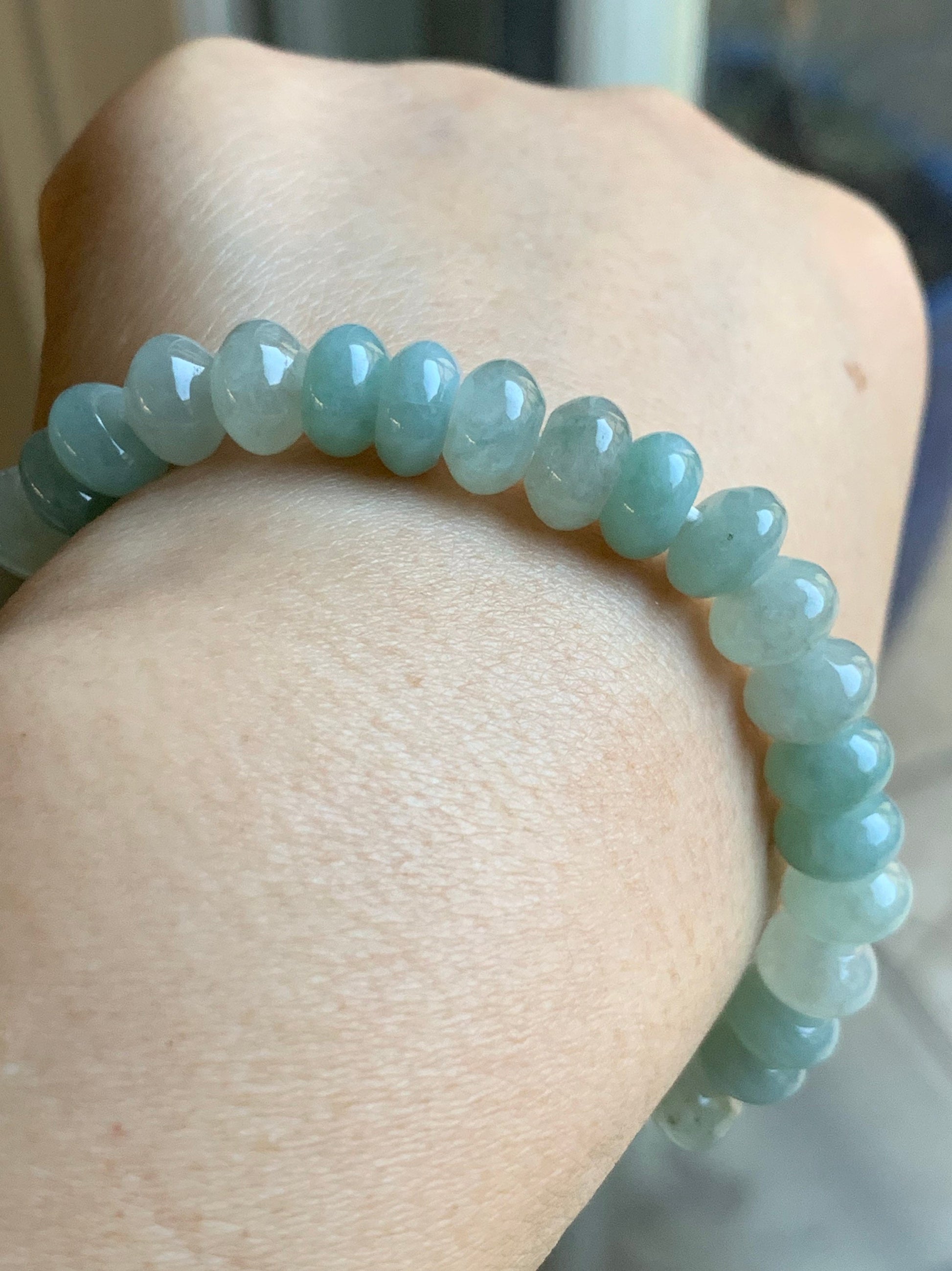 Large Natural Burmese Icy Translucent Light Green Jadeite Flat Beads Beaded Bracelet Stretchy 9x5mm 7.25” 29g 天然缅甸冰晴底翡翠大卡算盘珠手串