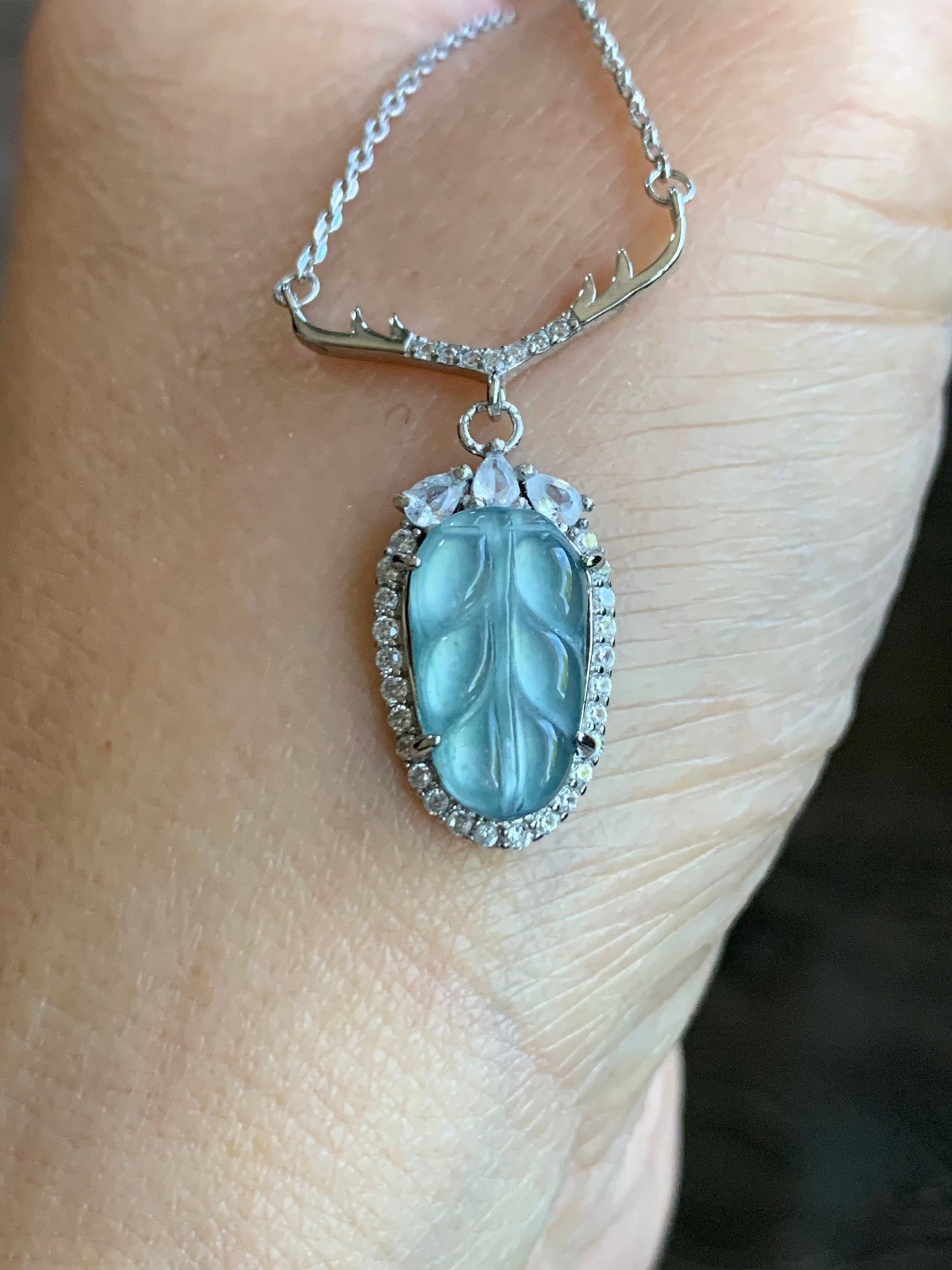 Natural Guatemalan Highly Translucent Sky Blue/Light Blue Jadeite Carved Leaf Antler Design Necklace S925 Silver 16” 天然冰危天空蓝翡翠大叶有成银镶项链