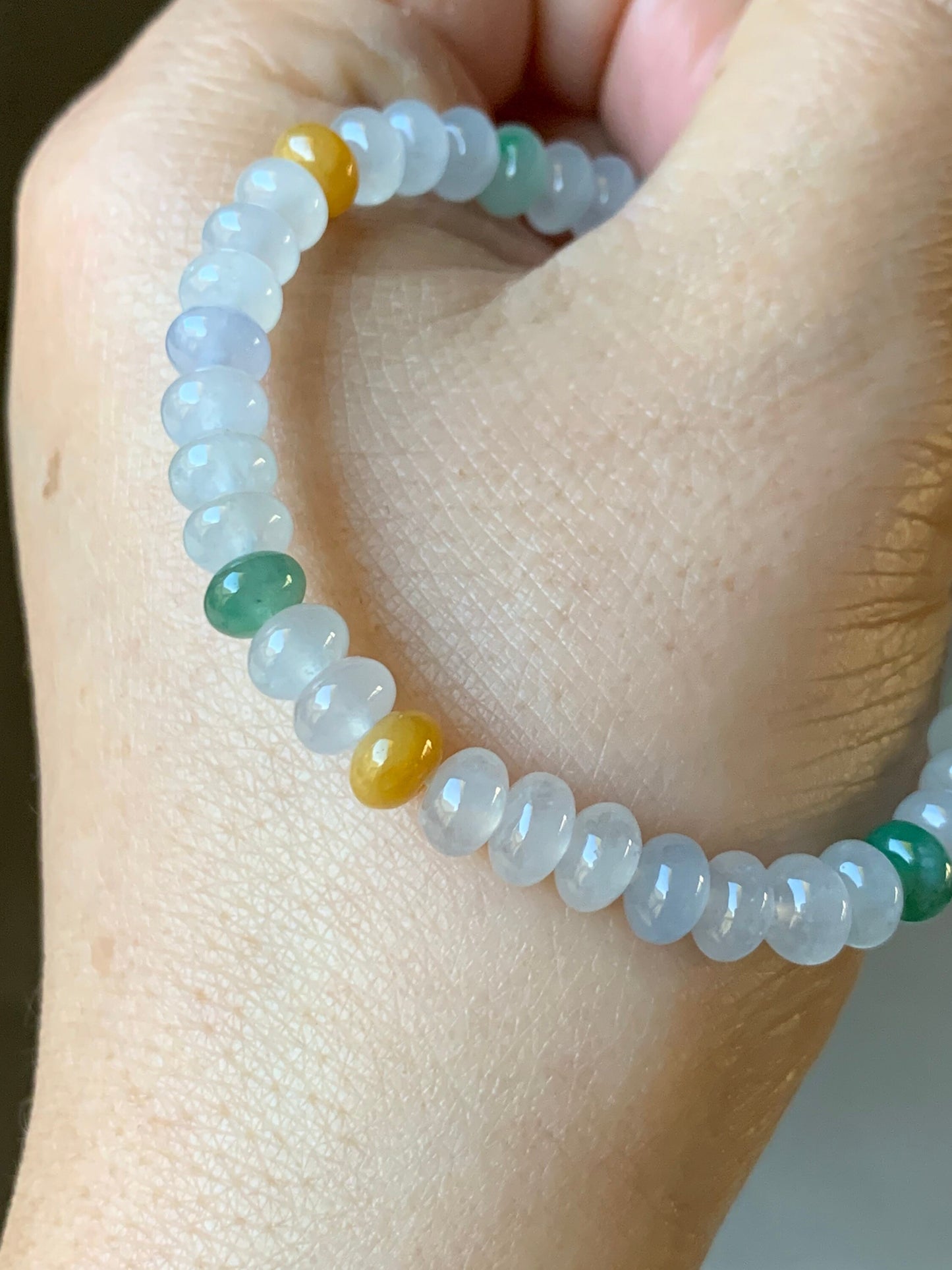 Burmese Natural Premium Icy translucent Multi-Colored Jadeite Drum Beads Beaded Bracelet w/ Carved Dolphin Charm 6.75” 天然缅甸起冰起光多宝翡翠鼓珠手串