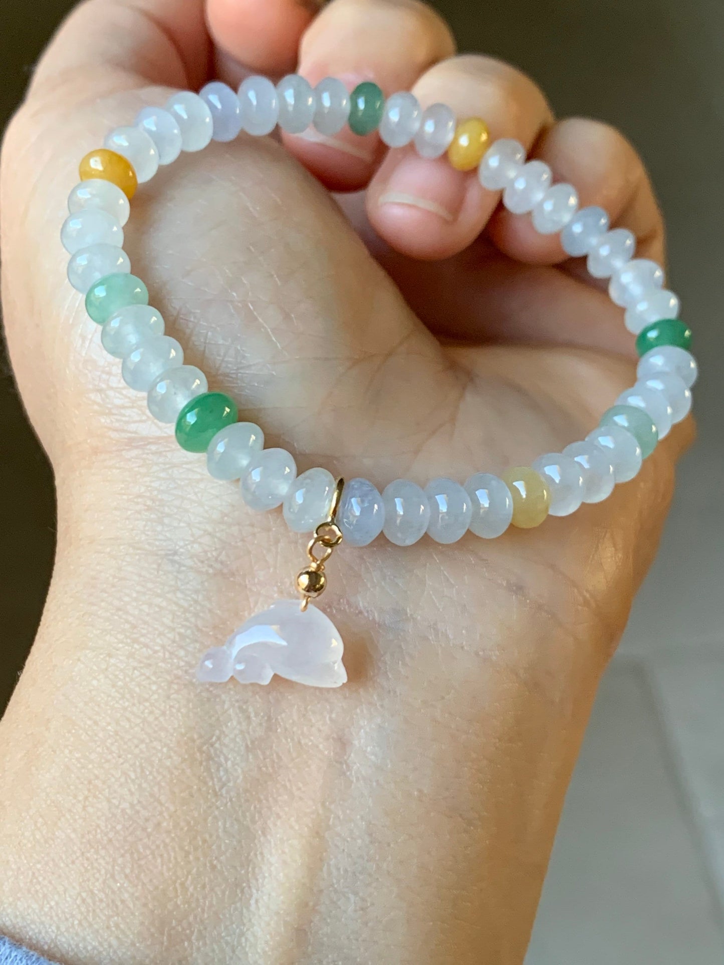 Burmese Natural Premium Icy translucent Multi-Colored Jadeite Drum Beads Beaded Bracelet w/ Carved Dolphin Charm 6.75” 天然缅甸起冰起光多宝翡翠鼓珠手串