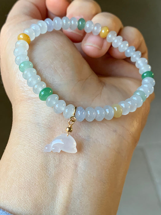 Burmese Natural Premium Icy translucent Multi-Colored Jadeite Drum Beads Beaded Bracelet w/ Carved Dolphin Charm 6.75” 天然缅甸起冰起光多宝翡翠鼓珠手串