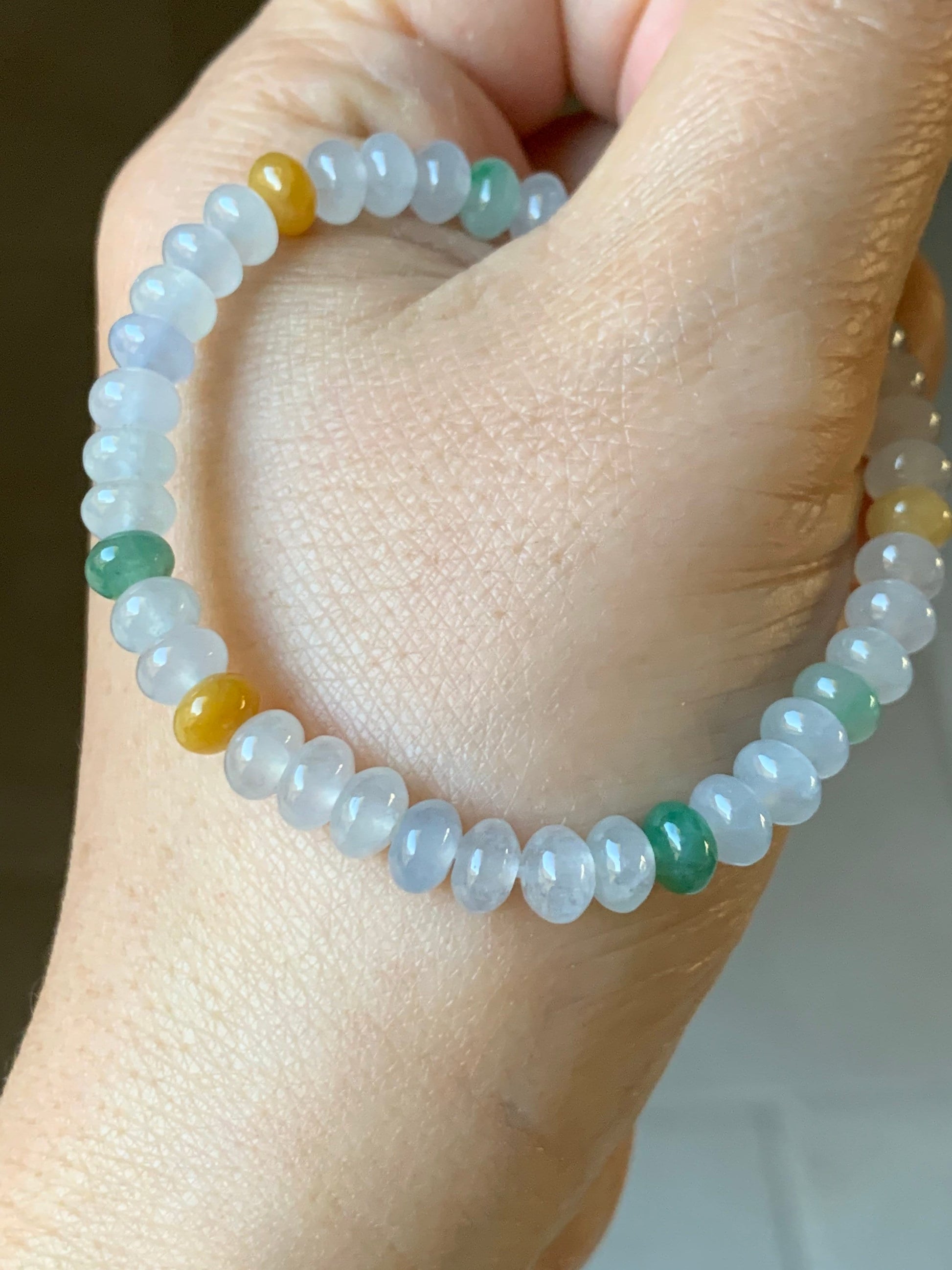 Burmese Natural Premium Icy translucent Multi-Colored Jadeite Drum Beads Beaded Bracelet w/ Carved Dolphin Charm 6.75” 天然缅甸起冰起光多宝翡翠鼓珠手串