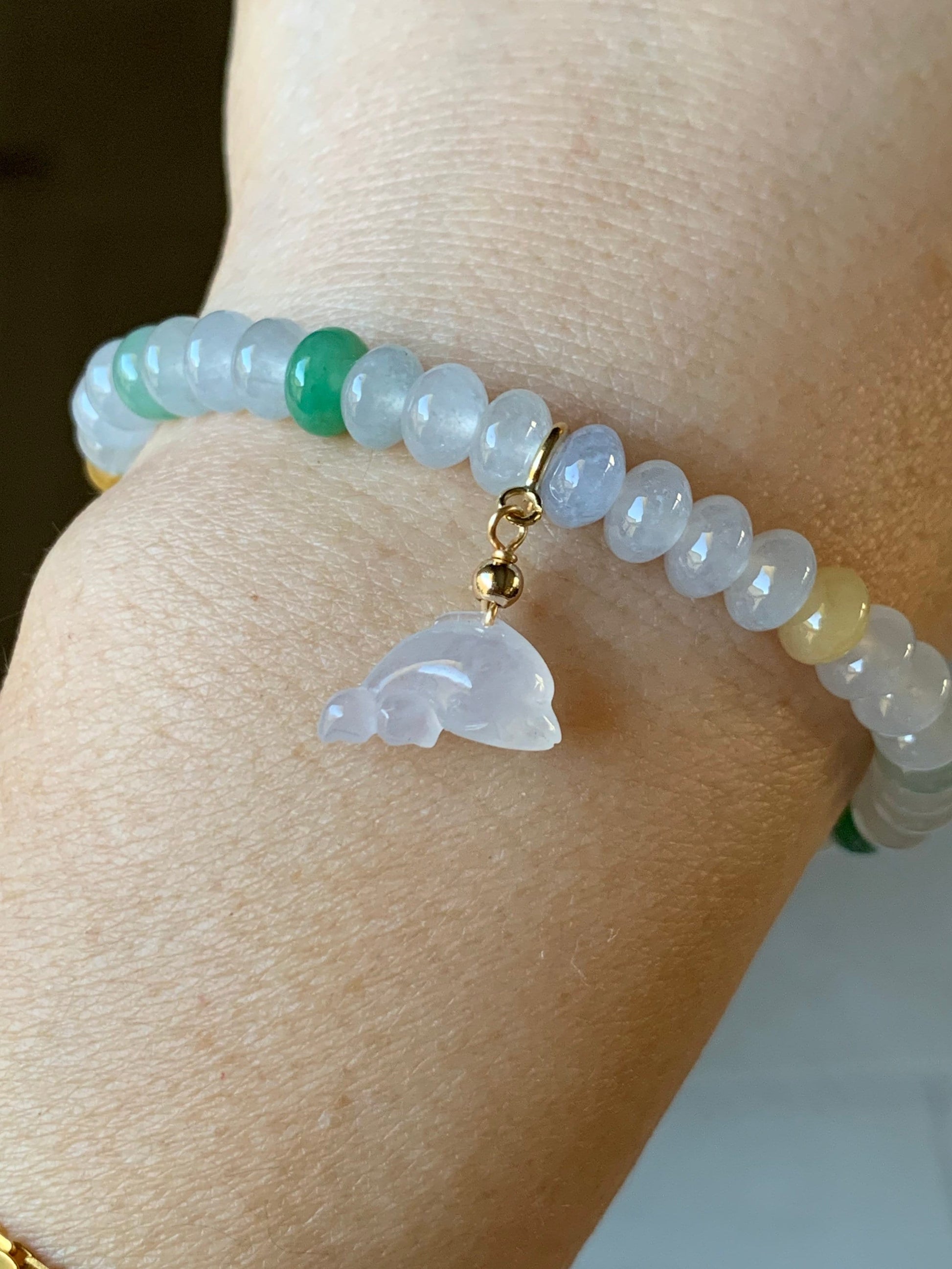 Burmese Natural Premium Icy translucent Multi-Colored Jadeite Drum Beads Beaded Bracelet w/ Carved Dolphin Charm 6.75” 天然缅甸起冰起光多宝翡翠鼓珠手串